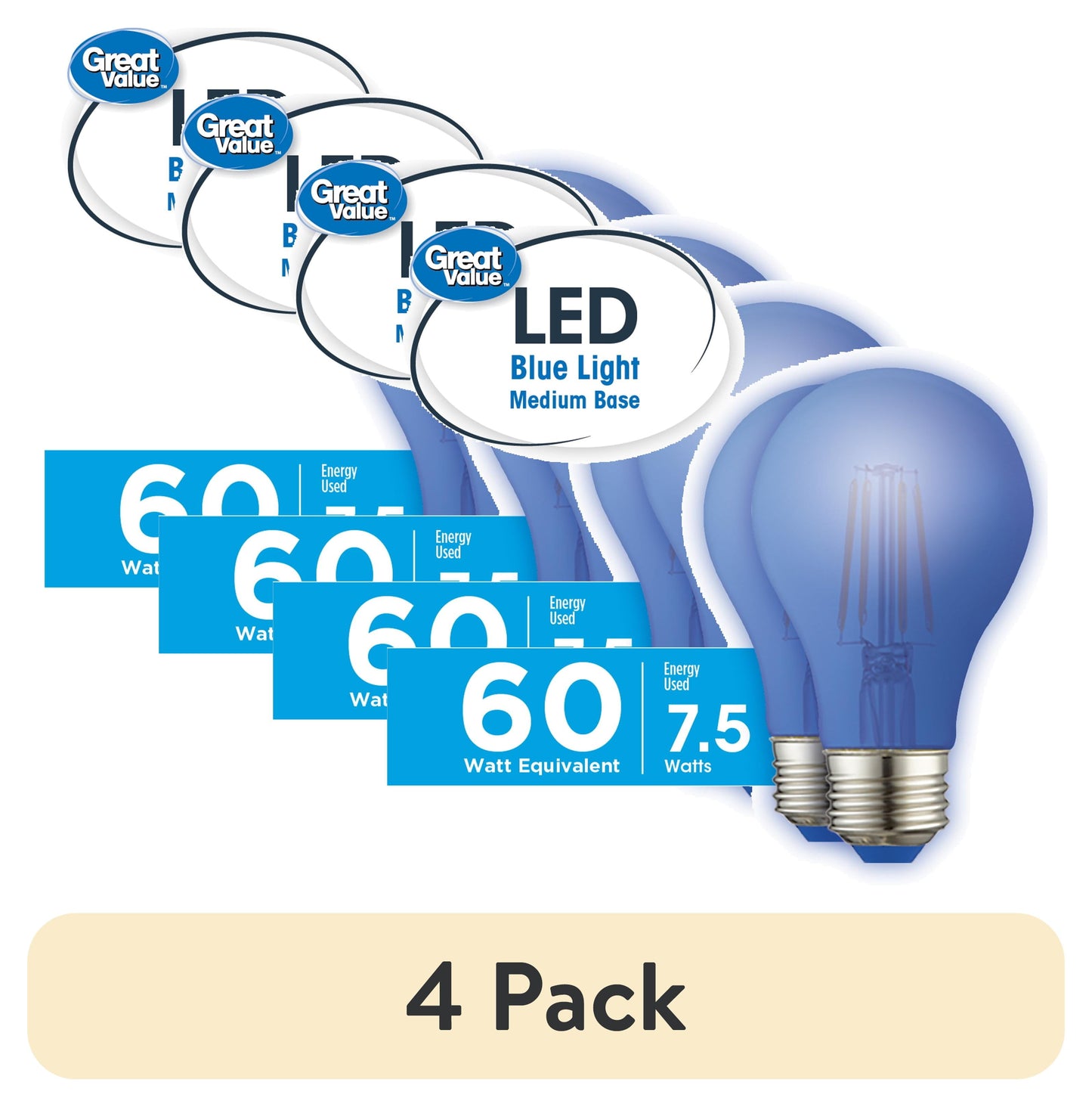(4 pack) Great Value A19 LED 7.5W (60W Equivalent) Blue E26 Medium Base Blue Light Bulbs, 2 Pack
