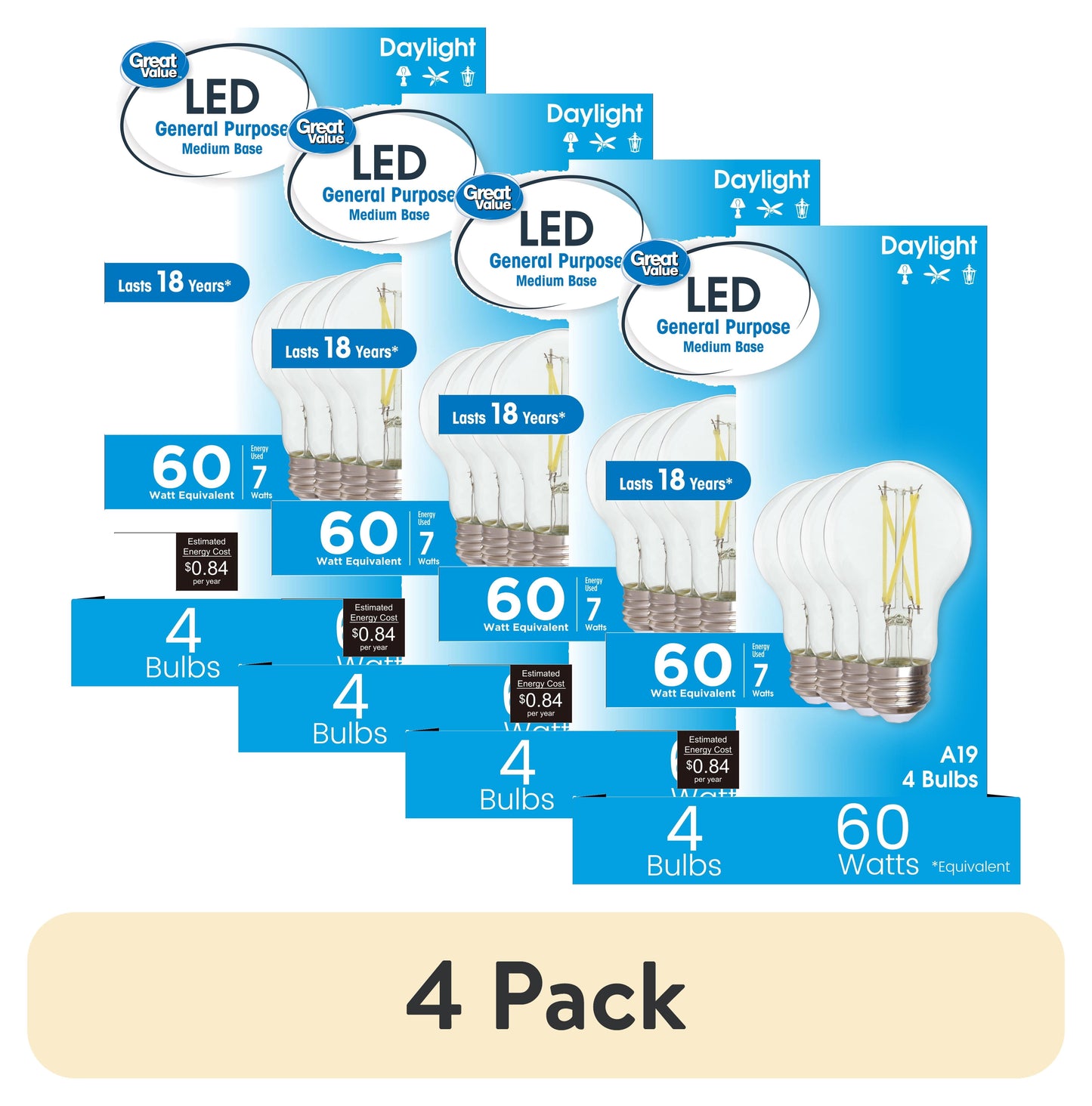 (4 pack) Great Value 18YR A19 LED Light Bulb, 7W (60W Equivalent) Dimmable Daylight E26 Medium Base (4 Pack)