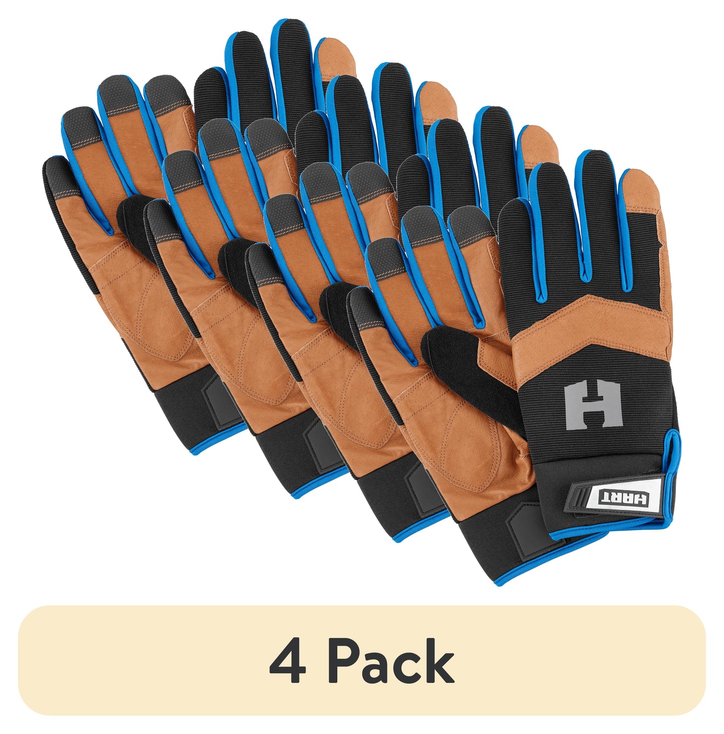 (Paquete de 4) Guantes de Trabajo de Cuero con Palma HART, Compatibles con Pantalla Táctil de 5 Dedos, Tamaño Grande, Guantes de Seguridad para Trabajo