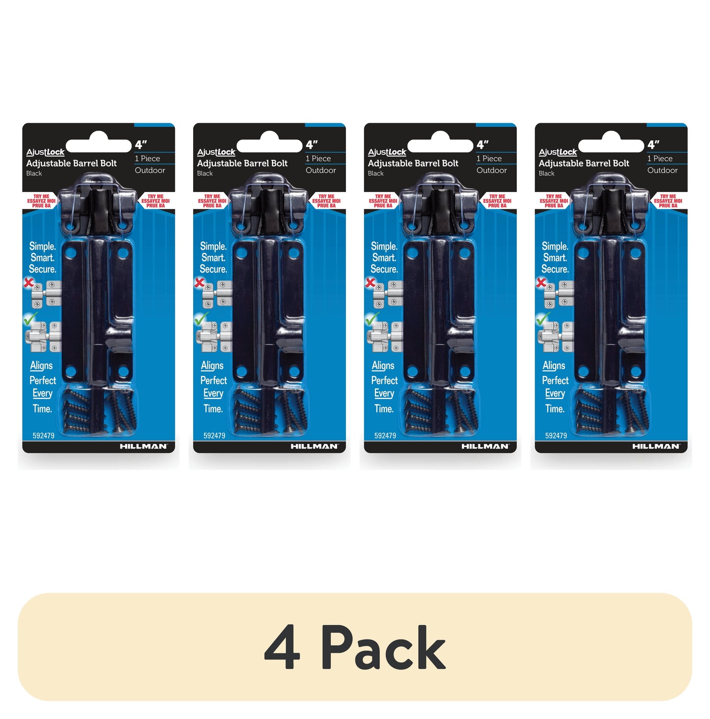 (4 pack) Hillman Adjustable Barrel Bolt, 4", Steel, Outdoor, Black, 1 set