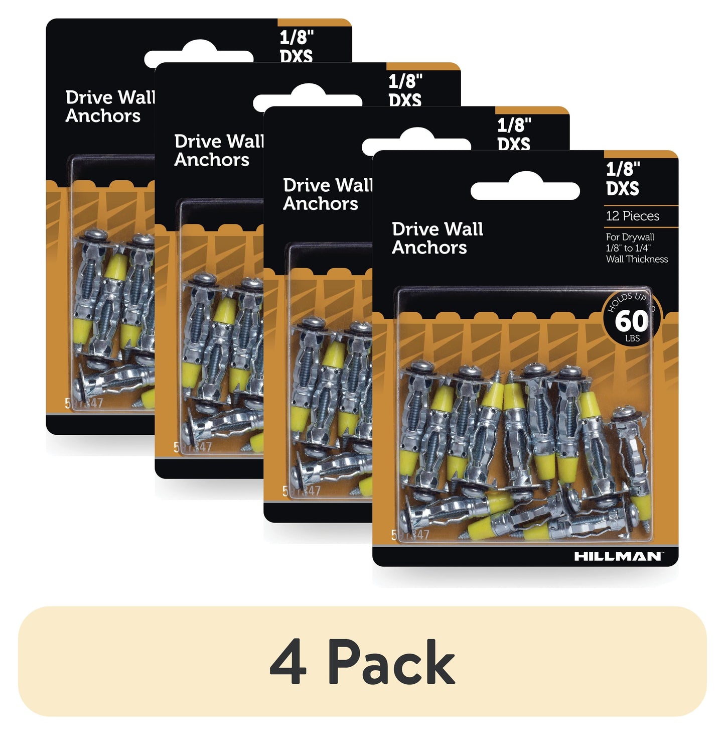 Hillman Drywall Anchor Screws, 1/8" x DXS, Steel, Zinc, Corrosion Resistant, 60 lbs, Silver, 12 sets