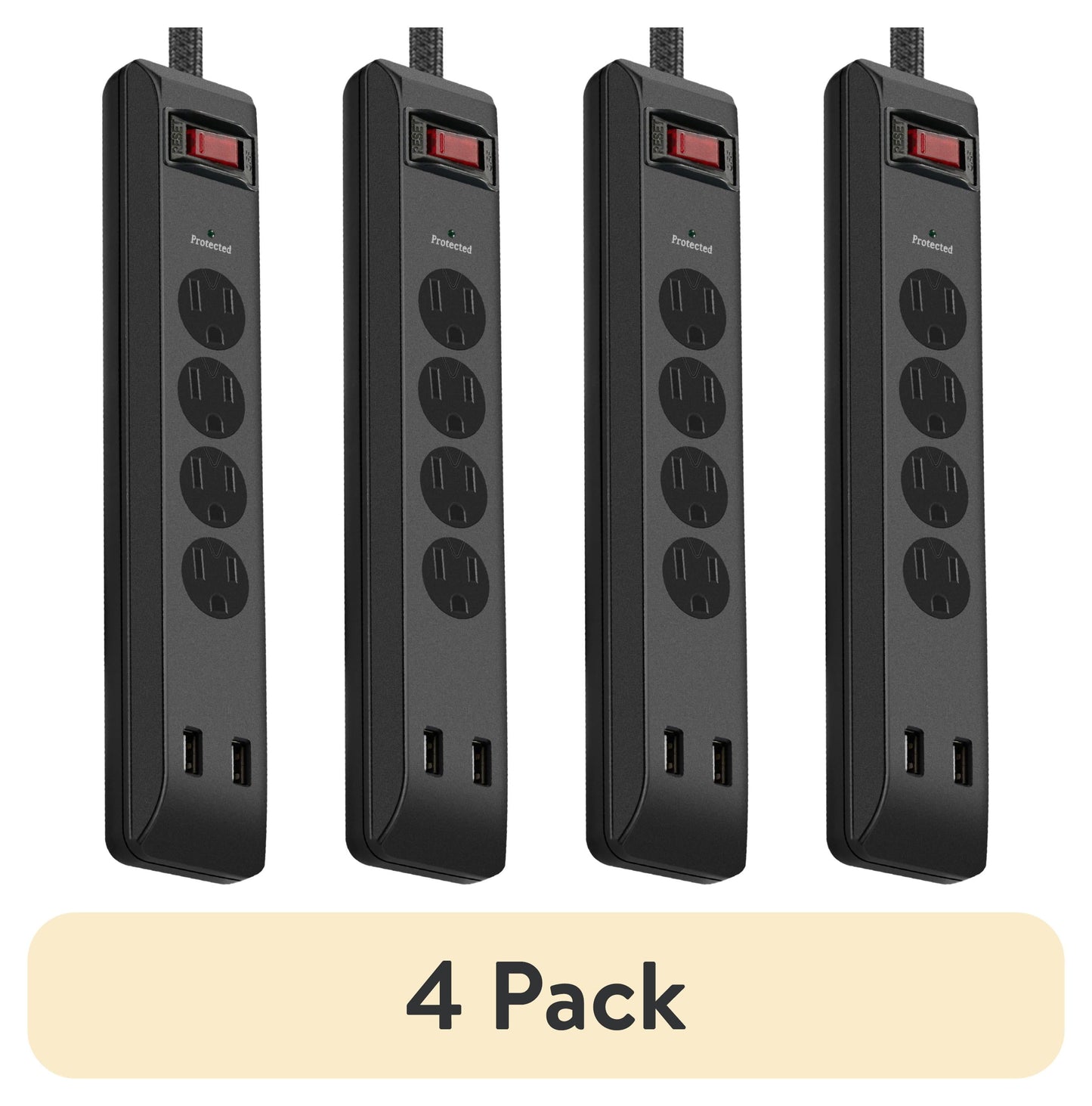 (4 pack) Hyper Tough Surge Protector Power Strip with USB, 4 Outlets, 10 ft Braided Extension Cord, Black
