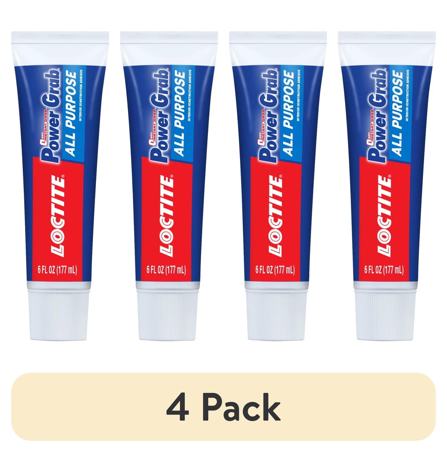 (4 pack) Loctite Power Grab Construction Adhesive All Purpose, Pack of 1, White 6 fl oz Tube
