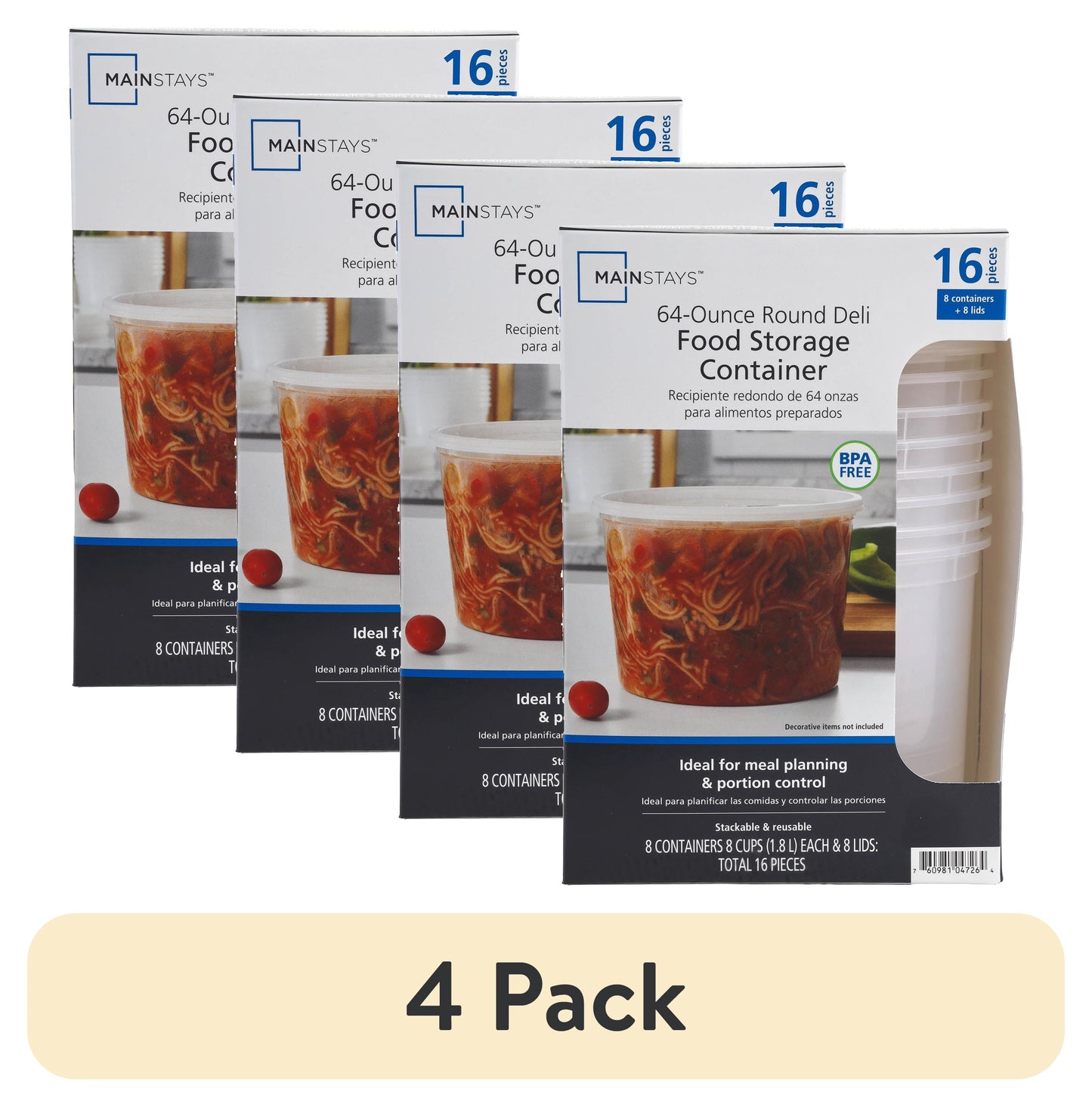(4 pack) Mainstays 16 Piece 64 oz Plastic Deli Container, Designed to Help with Pantry Storage and Everyday Organization