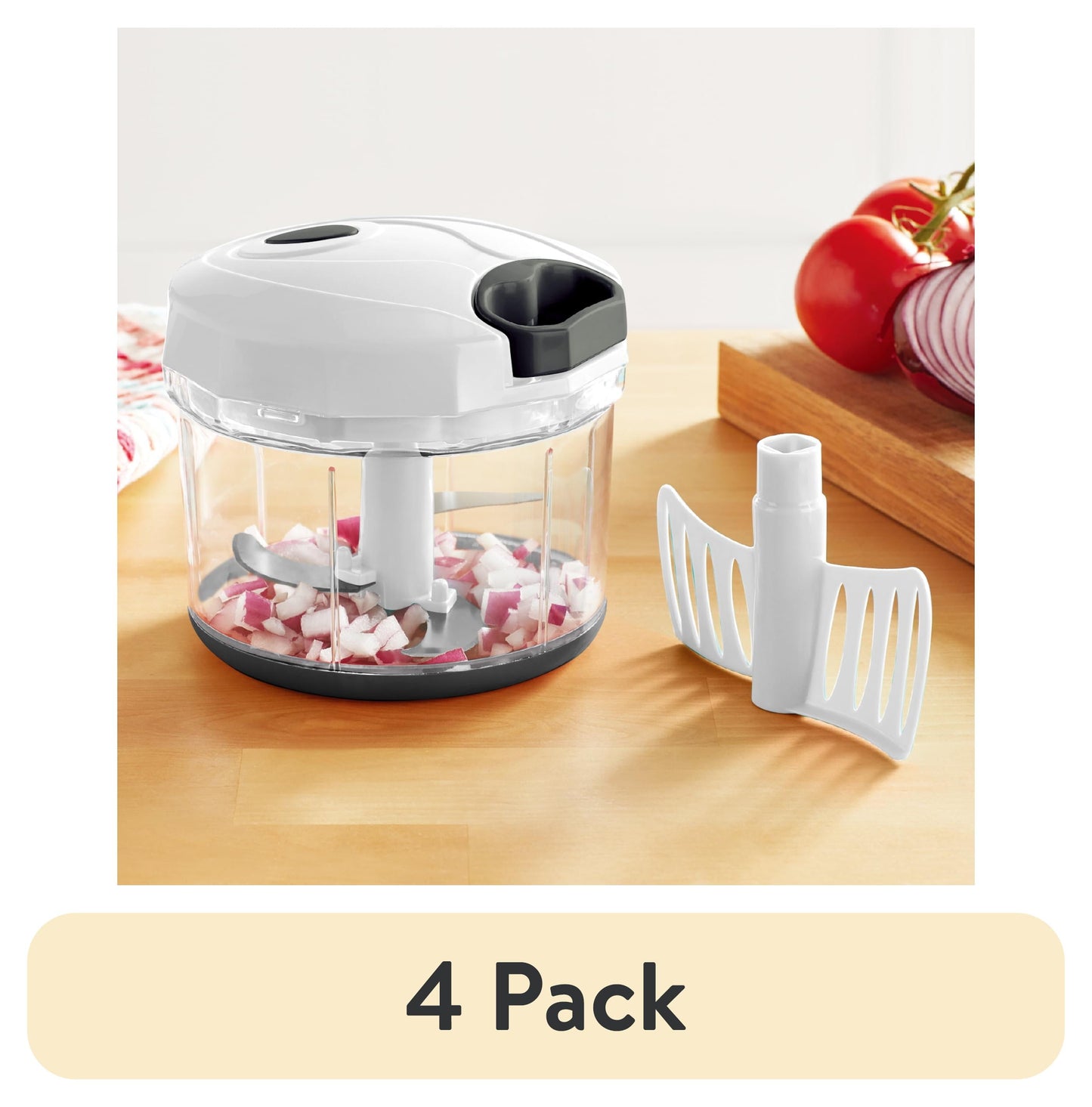 (4 pack) Mainstays 1qt Quick Pull Chopper, BPA free , SS Blades, Food Contact Safe Material , White & Grey, Weight 320g