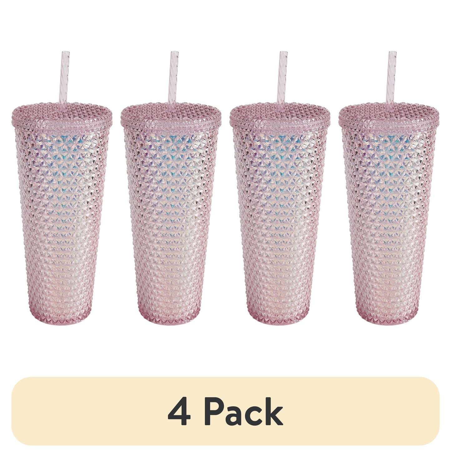 (4 pack) Mainstays 26-Ounce Capacity Plastic Double Wall Insulated Iridescent Textured Tumbler, Pink
