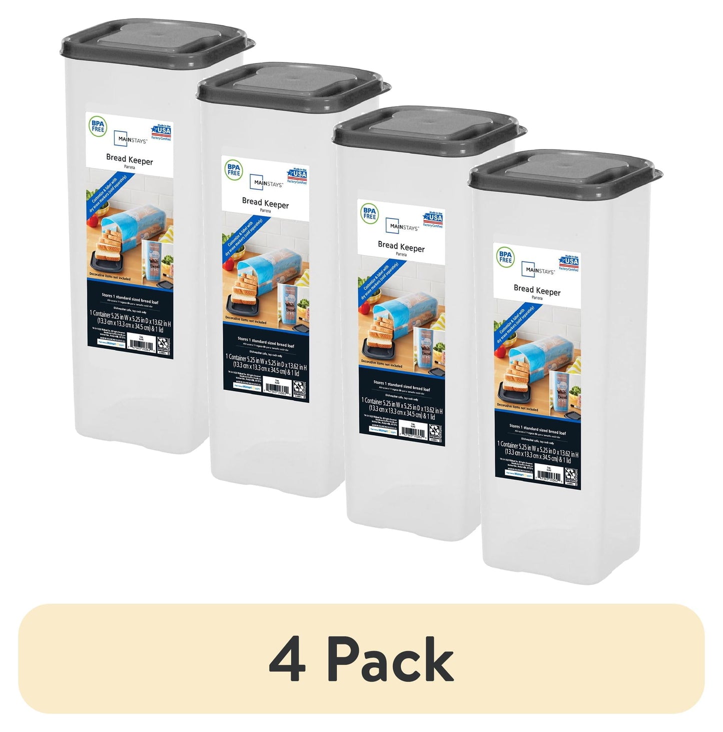 Mainstays Contenedor de Plástico para Pan, Transparente con Tapa Gris (1 Unidad) 5.25" x 5.25" x 13.62", Ideal para Organización de Despensa y Almacenamiento de Alimentos