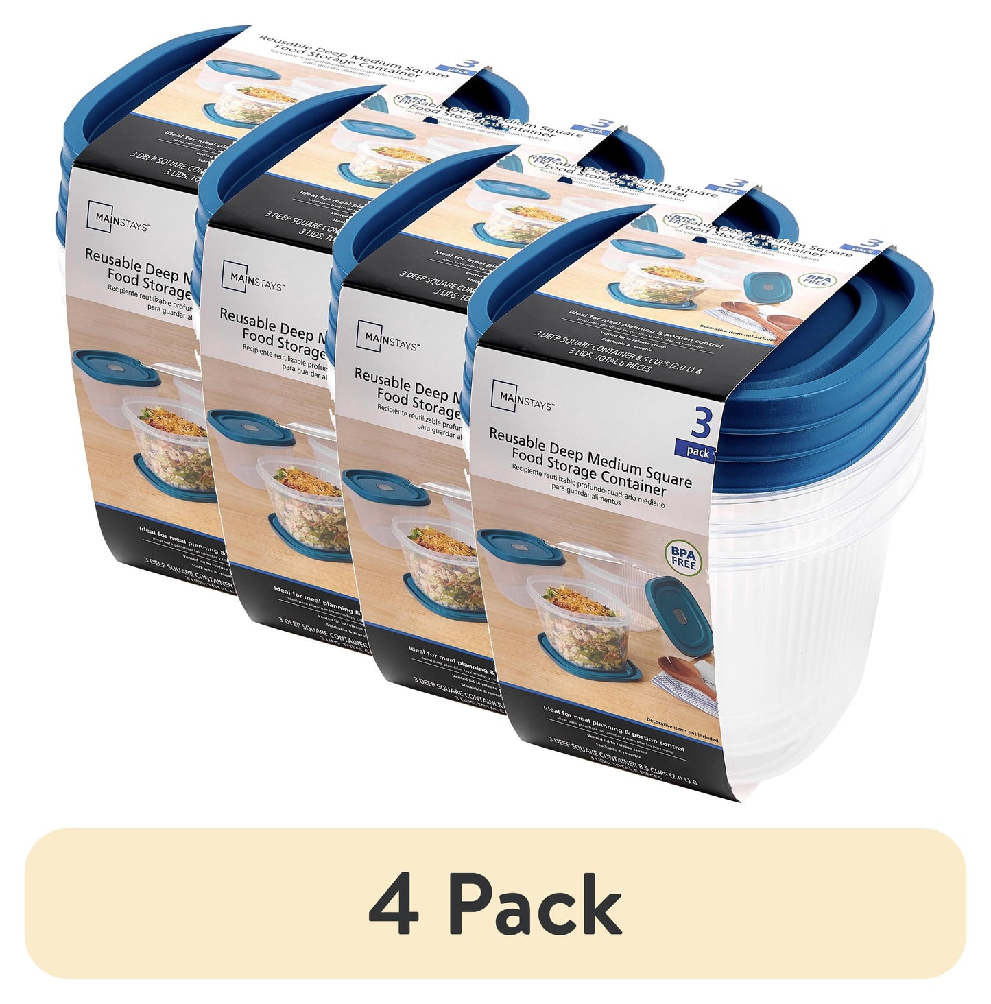 Mainstays Reusable Food Storage Container, Deep Medium Square, Plastic , 3 Pack – 3 Containers with Lids, 8.5 Cups, Ideal for Meal Prep