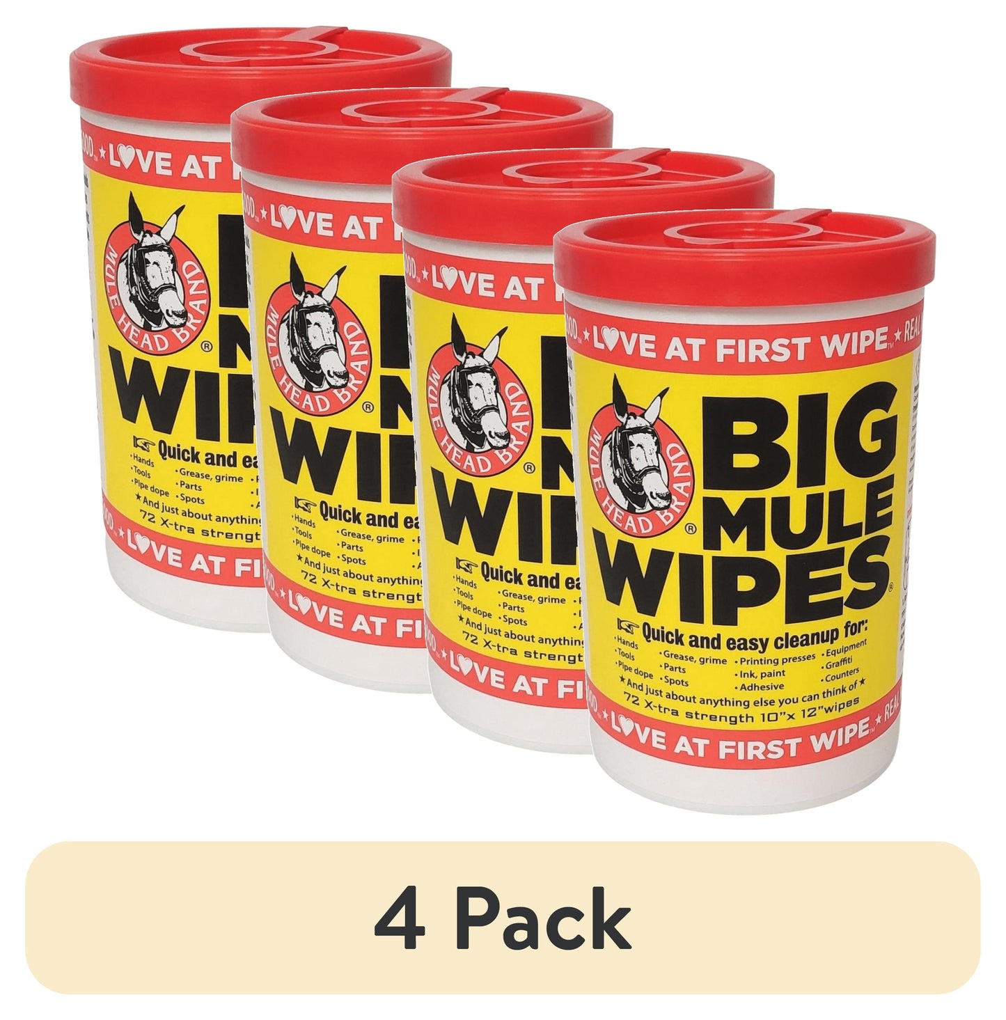 (4 pack) Mule Head Brand Big Mule Wipes 10"x12" Heavy Duty Cleaning Wipe, 72 Count