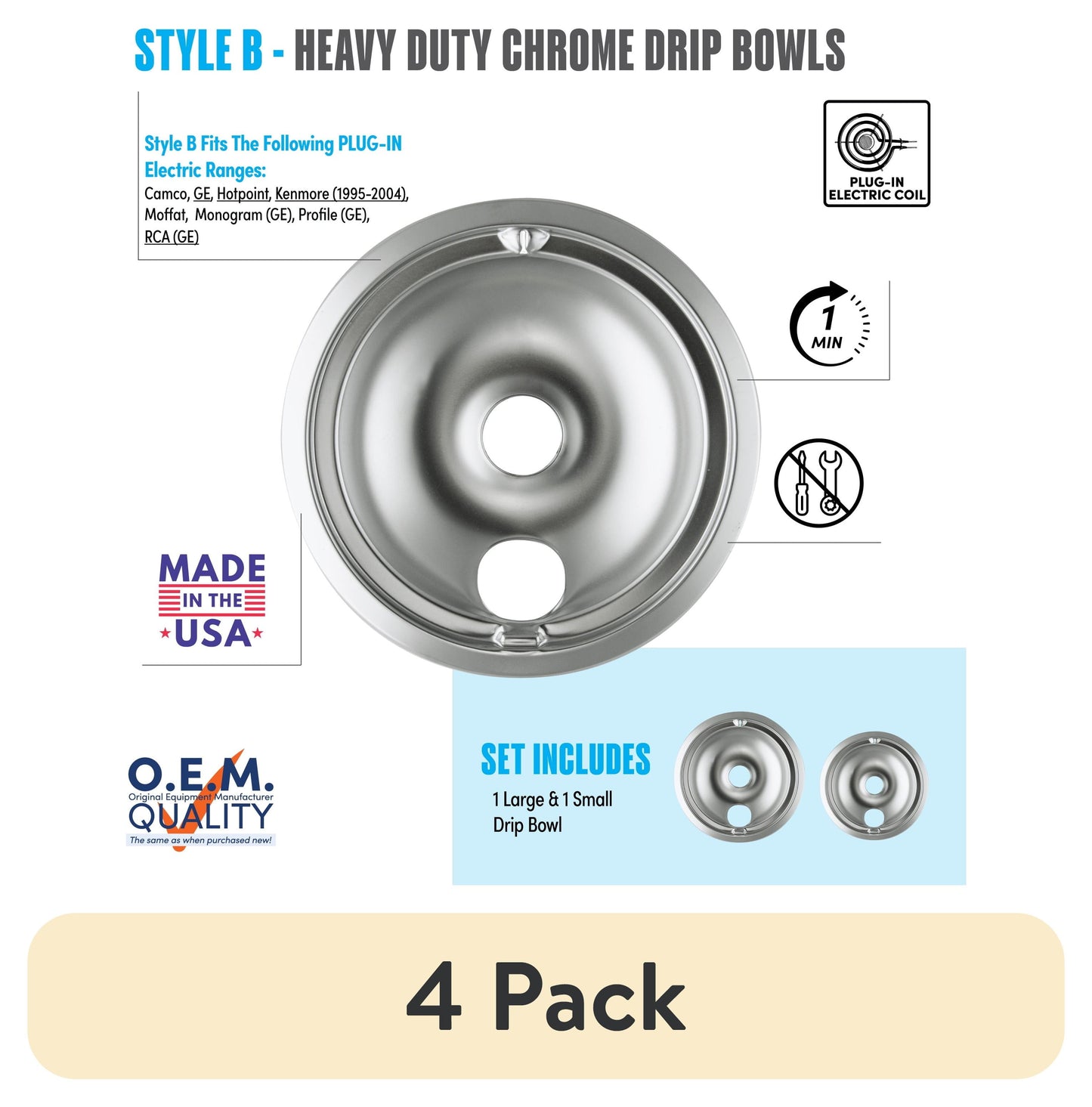 (4 pack) Range Kleen 139402XCD5 Style B 2-Pack Heavy Duty Chrome Drip Bowls
