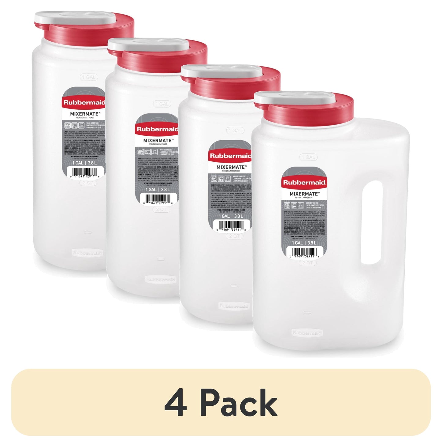 (4 pack) Rubbermaid Mixermate Leak-Resistant Pitcher, Clear, 3.8 Liter (1 Gallon), Plastic