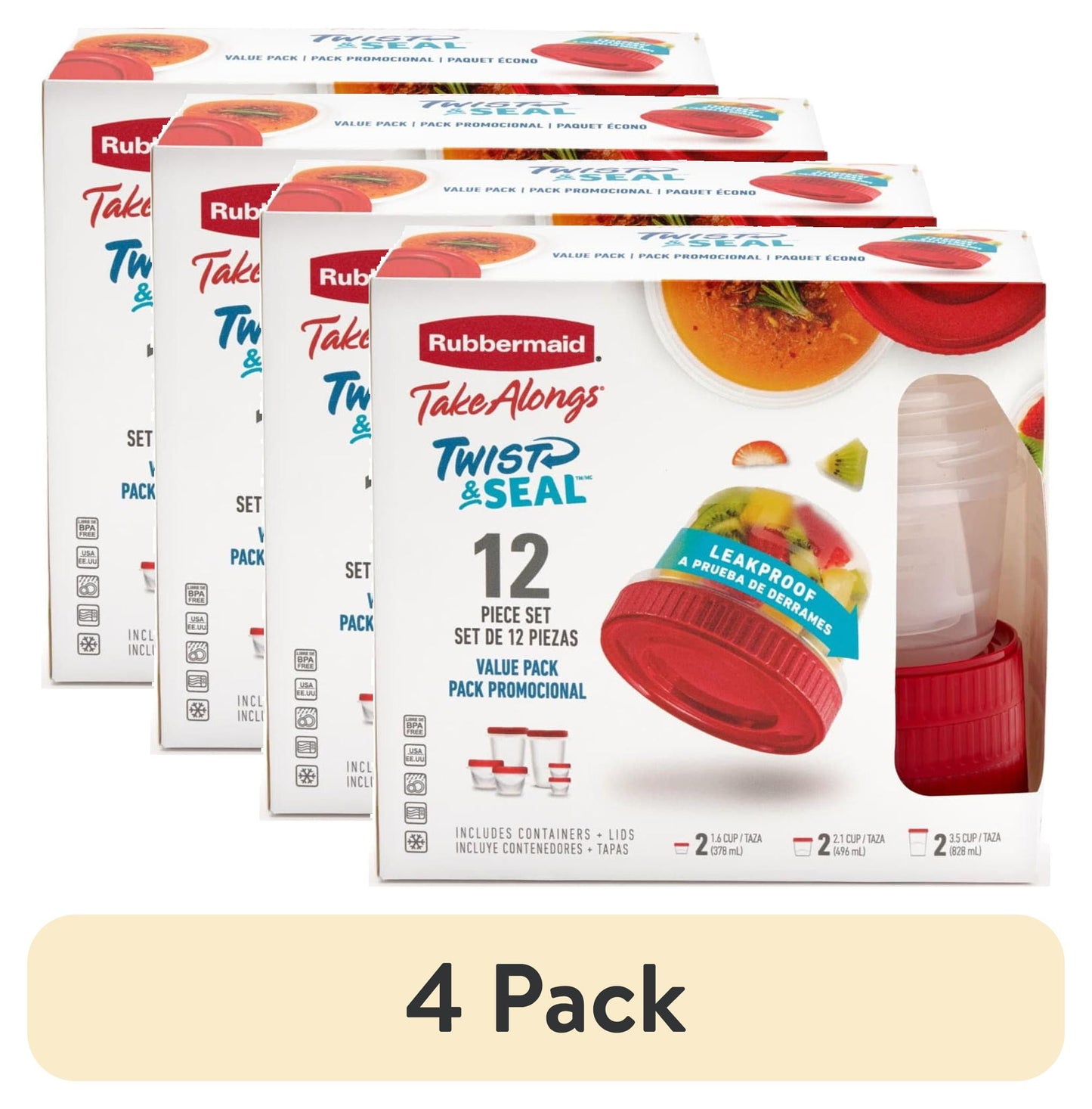 (4 pack) Rubbermaid Takealongs 12 Piece Food Storage Set, Red