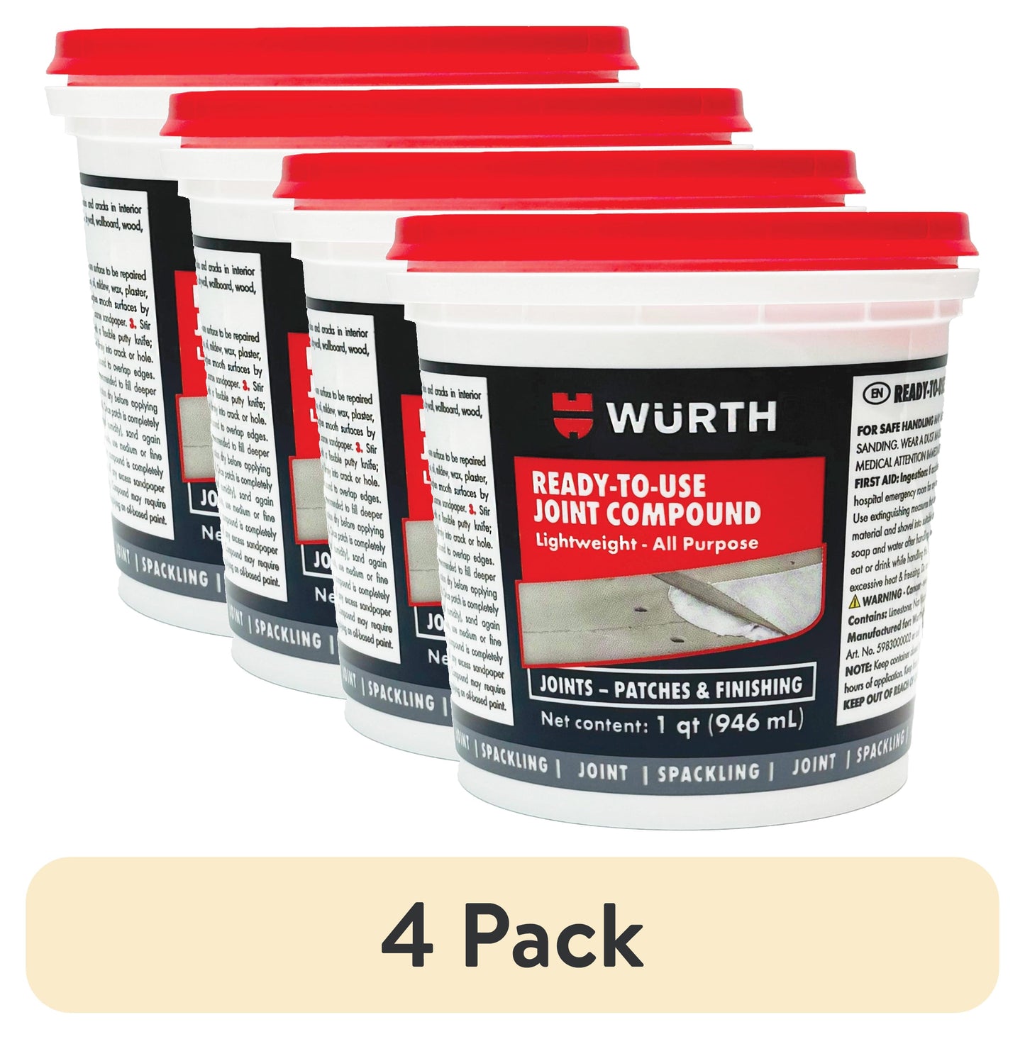 (4 pack) Würth Ready-to-Use Lightweight Joint Compound, 32oz (1 Quart), Pre-Mixed