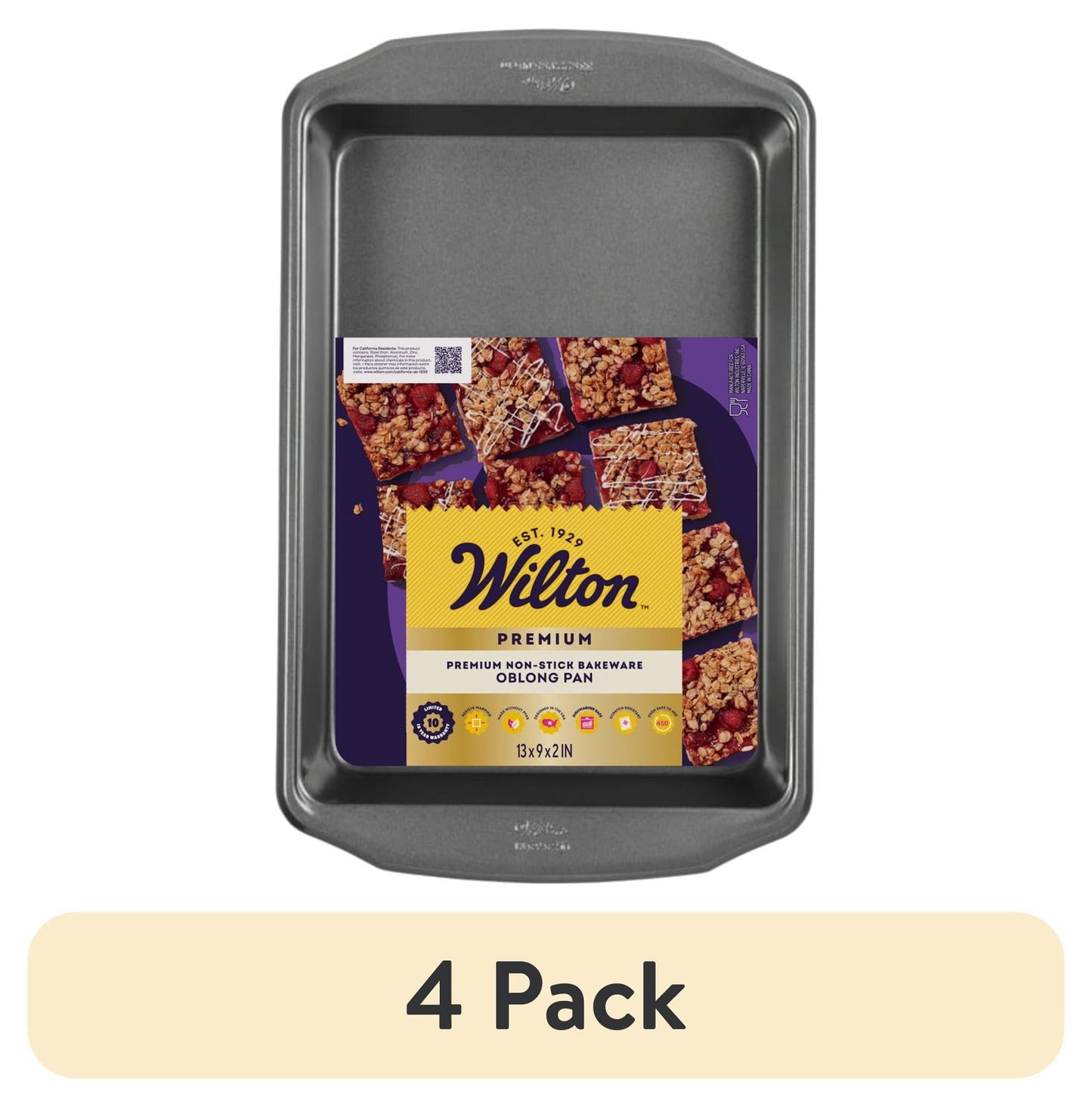 (4 pack) Wilton Premium Non-Stick Oblong Large Brownie Pan 9" x 13" Rectangular Baking Pan, Packaging May Vary