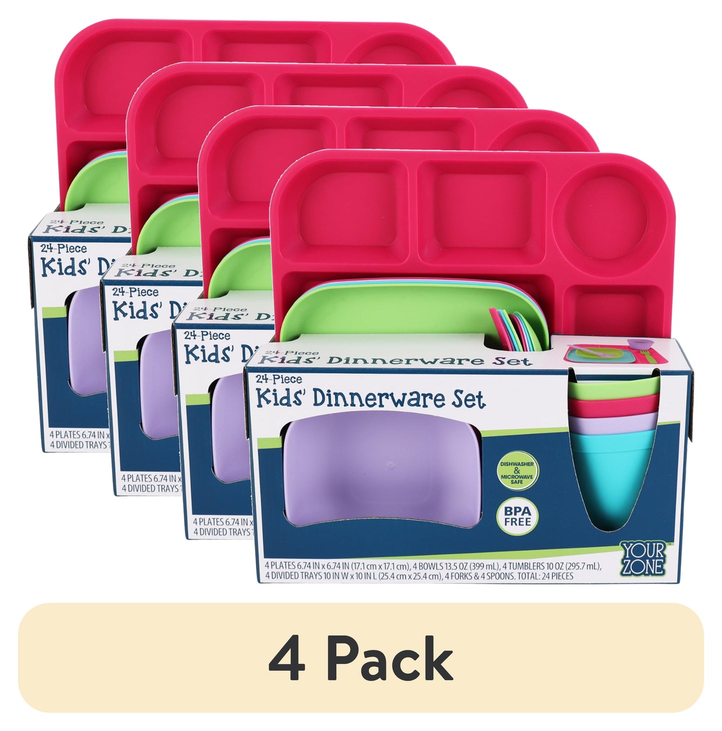 (4 pack) Your Zone Kids Dinnerware Set, 24-Piece Plastic Plates, Bowls, Cups & Utensils, Multicolor