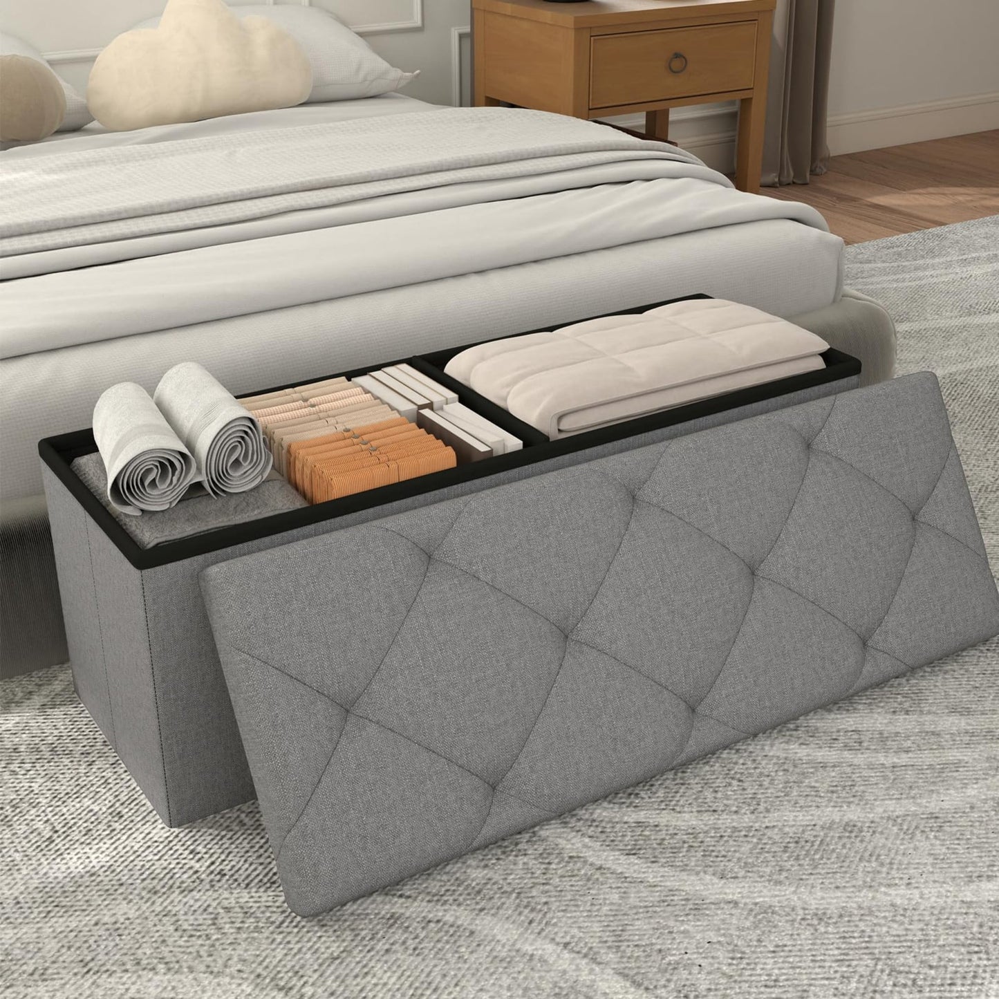 30" Storage Ottoman Bench, Folding Storage Bench Ottoman with Lid, 400 lbs Capacity, Fabric Footrest Seat for Bedroom Living Room Entryway, Grey