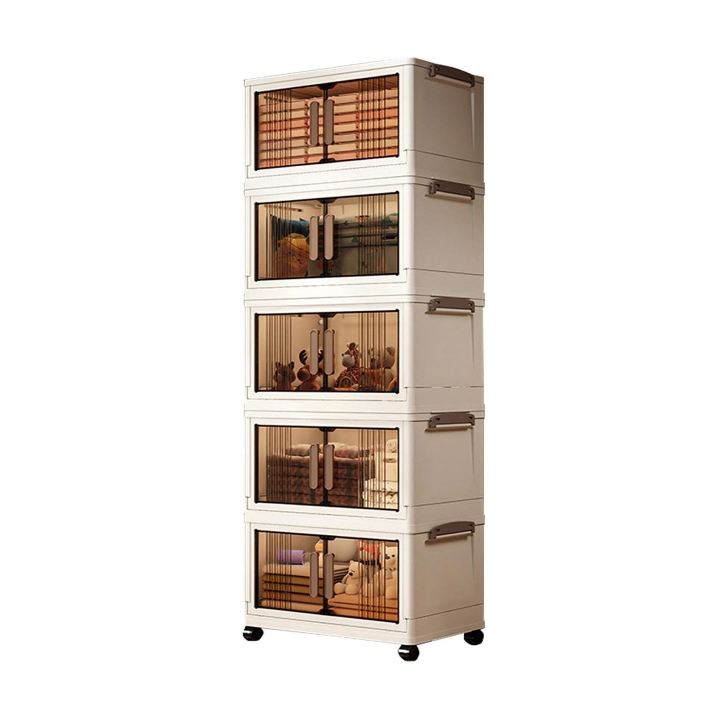 45"H Stackable Storage Cabinet with Doors & Wheels, Adjustable 5 Tier Plastic Organizer Bin for Home, Office, Garage Storage, White