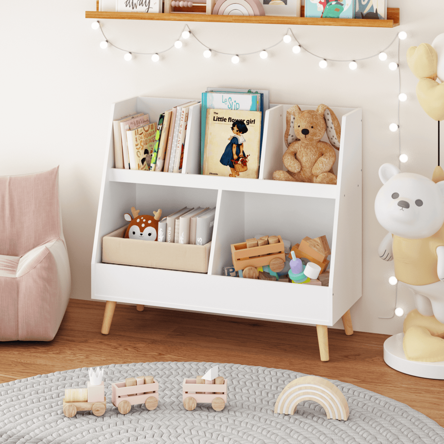 5-Cubby Kids Bookshelf Toy Organizer, 2-Tier Wooden Open Storage Bookcase with Pine Legs, Anti-Tip Freestanding Display for Playroom Nursery Classroom