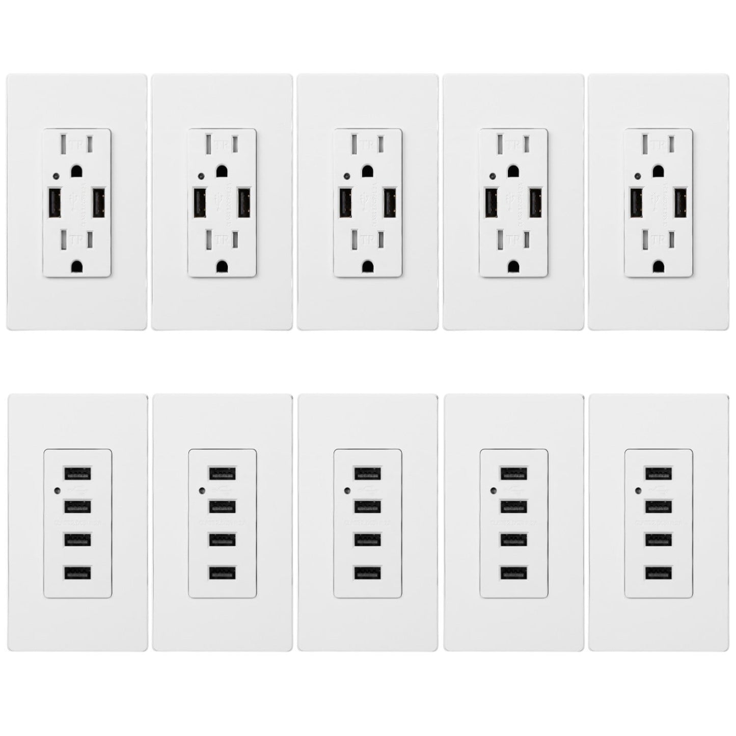 5 Pack 2 USB and 2 AC Outlets Charging Wall Outlets + 5 Pack 4 USB Charging Wall Outlets, Wall Plate Included, UL Listed, White