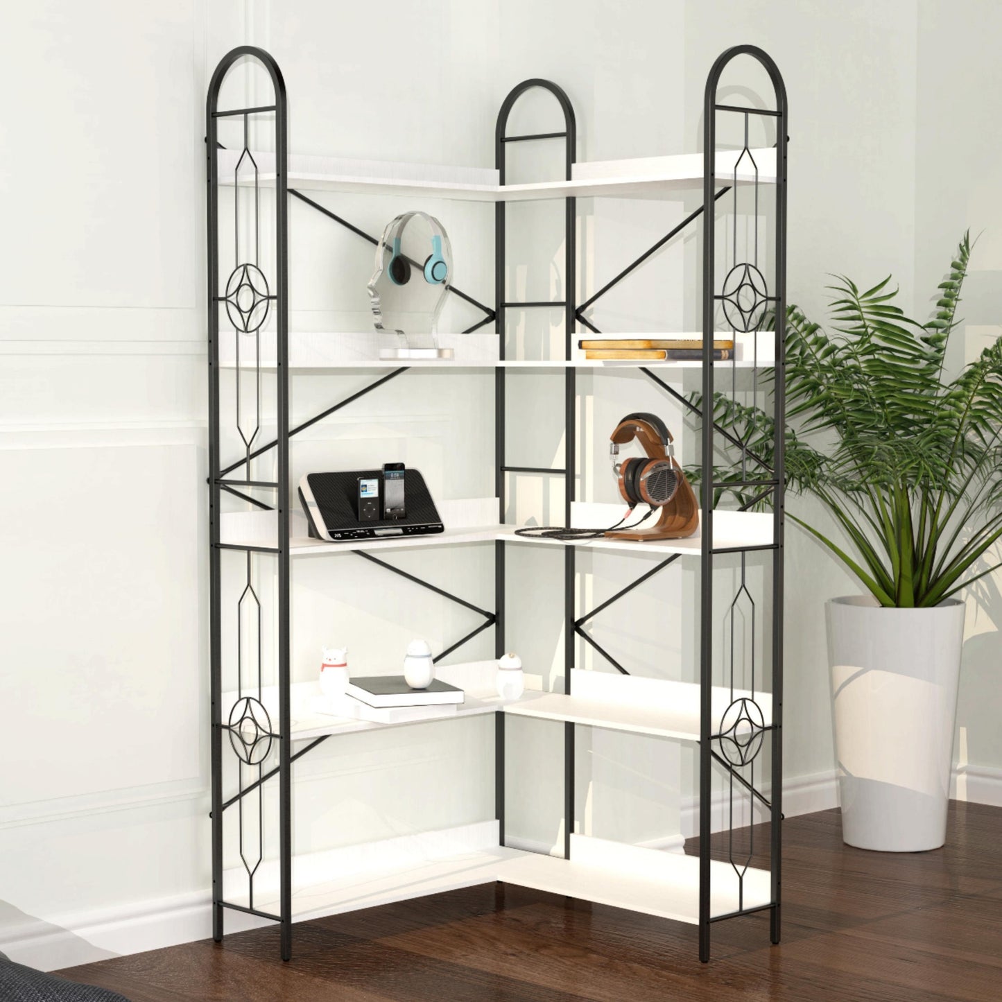 5 Shelf Bookcase,Modern Corner Bookshelf,Large Open Shelf Display Bookcase,Tall Bookshelves Storage Display Rack for Bedroom, Living Room,White