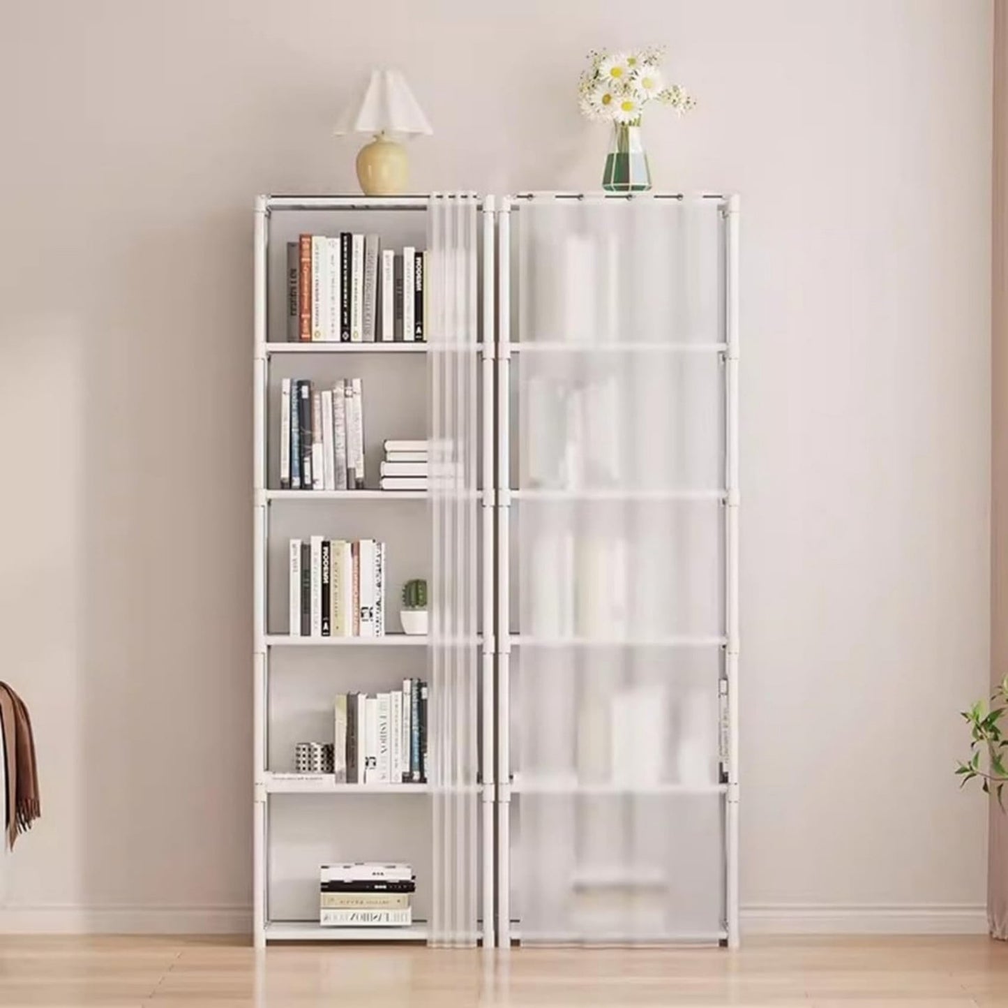 5 Tier Freestanding Bookcase with Curtain, 10 Grid Open Bookshelf Storage Organizer, Tall Display Shelf for Bedroom Living Room Office, White