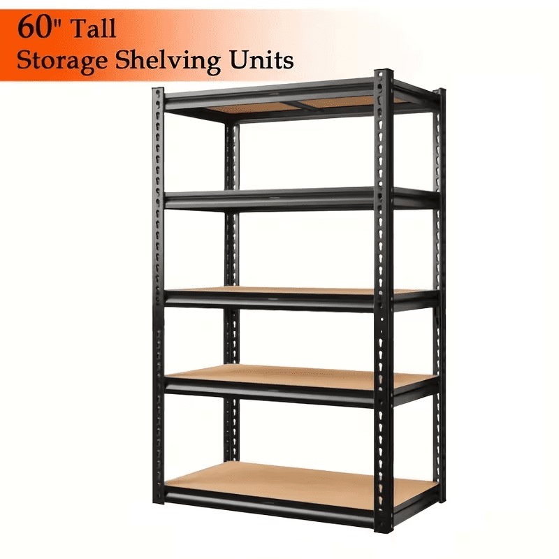 Heavy Duty 5-Tier Metal Shelving Unit, 60" Adjustable 2000lbs Capacity Garage Storage Rack, Utility Shelf for Kitchen, Basement, Warehouse, Living Room, Black