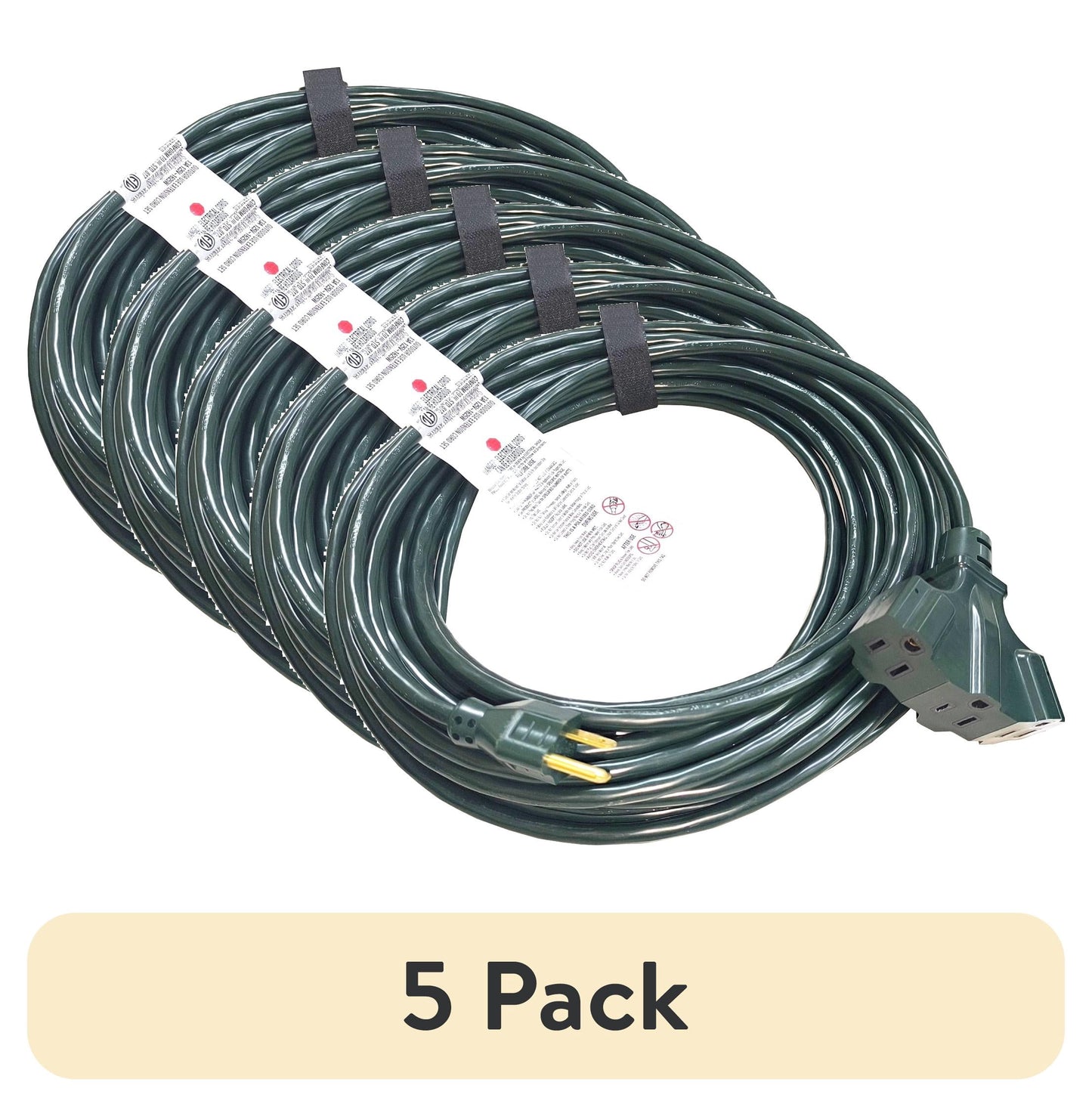 (5 pack) Hyper Tough 16AWGX3C 50 ft Tri-Tap Indoor and Outdoor Light Duty Extension Cord, Green