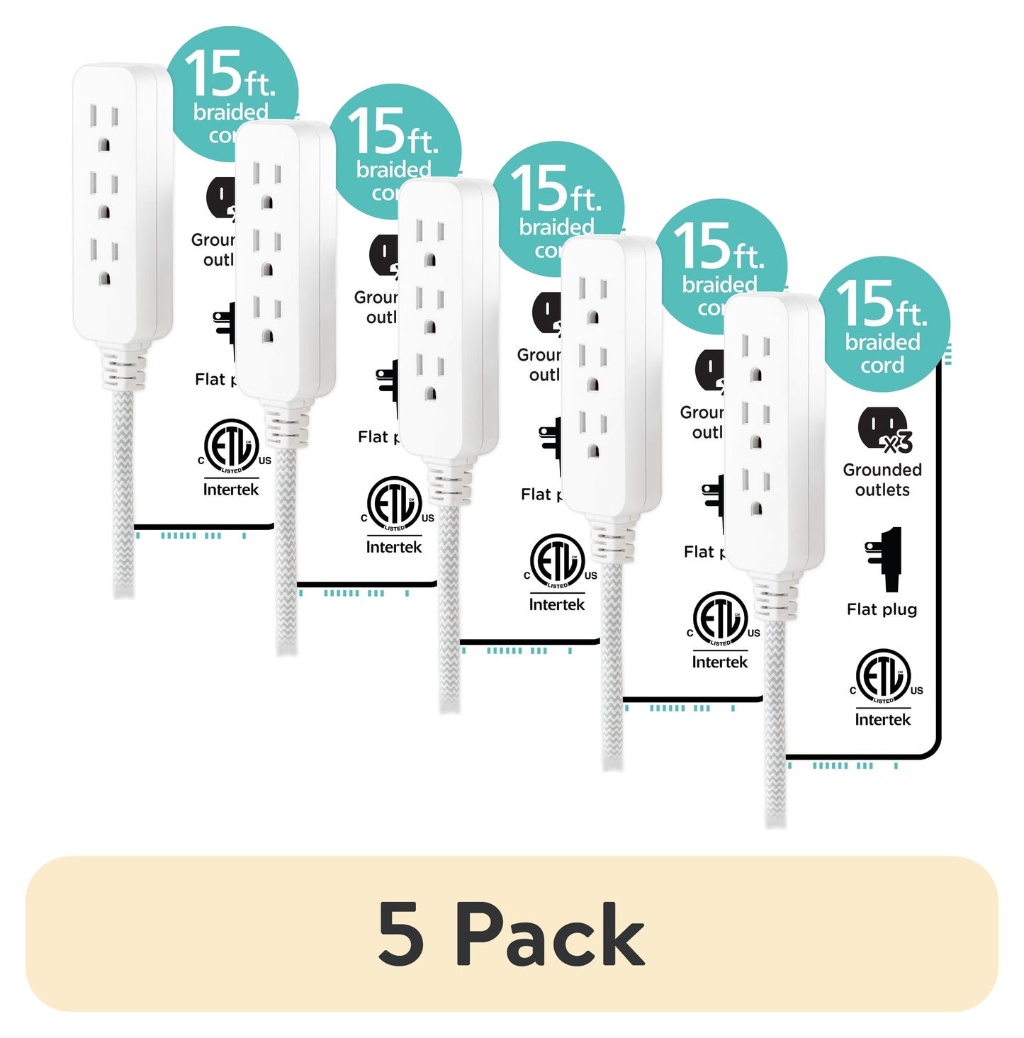 (5 pack) Cordinate 15ft. 3-Outlet Braided Extension Cord, Gray/White – 50011