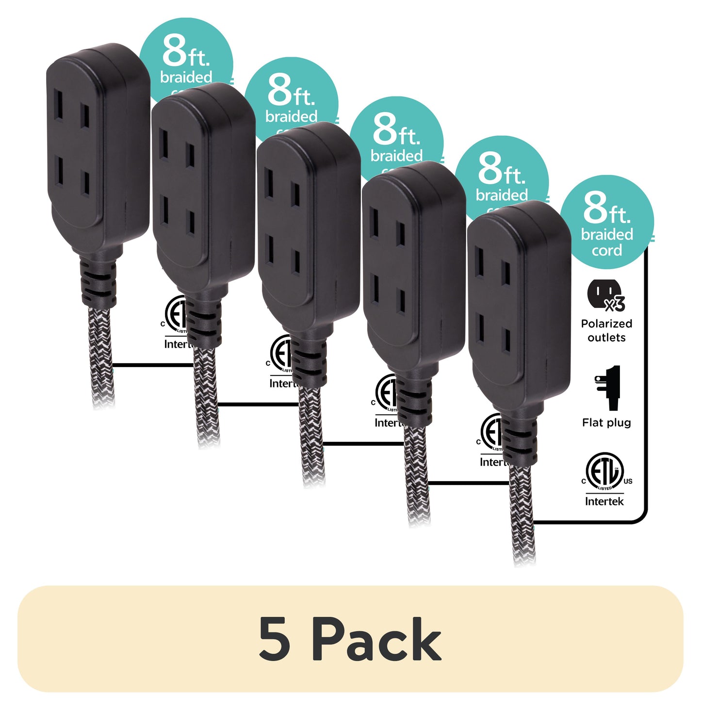 (5 pack) Cordinate Designer Extension Cord, 3-Outlet, Gray, 8 ft. Braided Cord, 15A - 42841