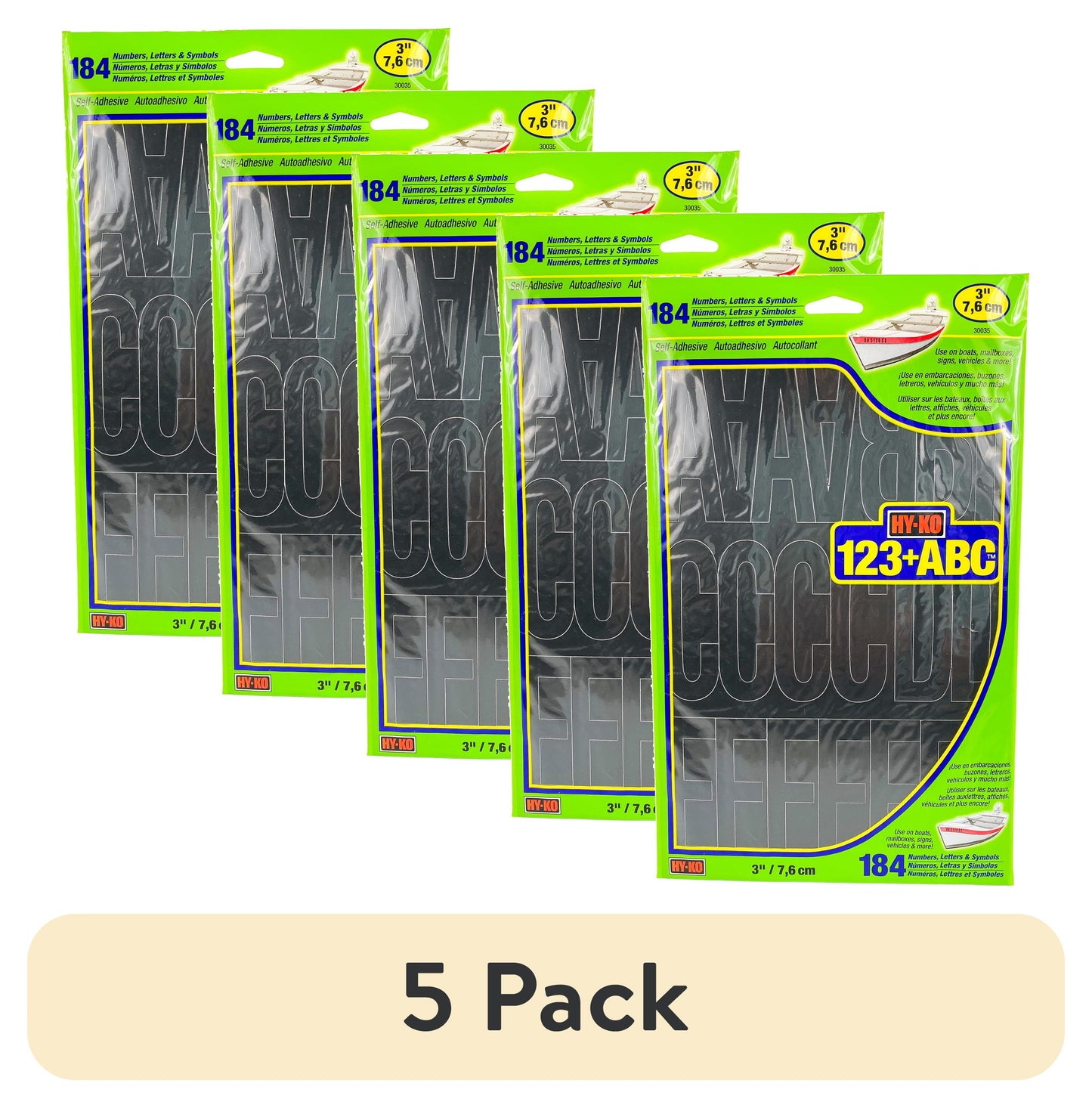 (5 pack) Hy-Ko 3" Vinyl Self-Adhesive Black Letters and Numbers Kit, 184 Pieces