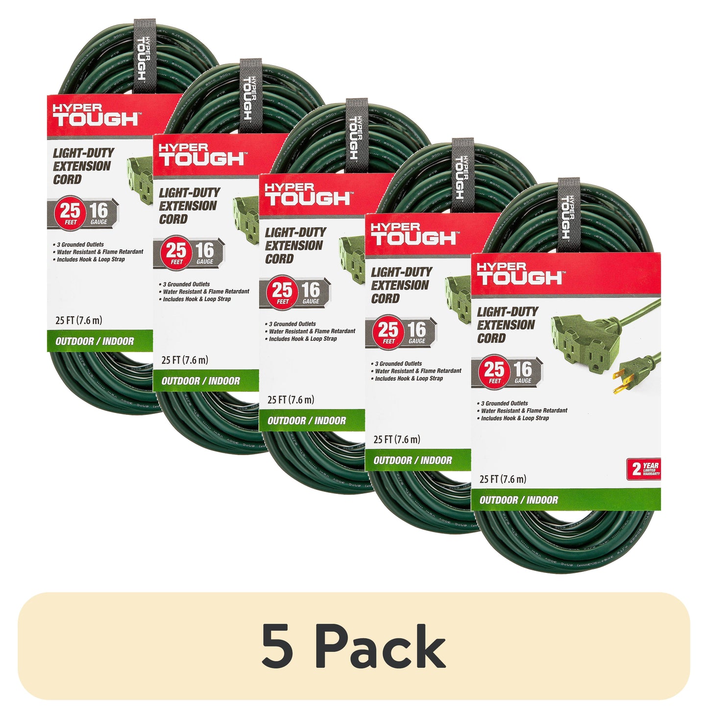(5 pack) Hyper Tough 25FT 16AWG Green 3 Prong Triple Outlet Outdoor Extension Cord, 13 Amps