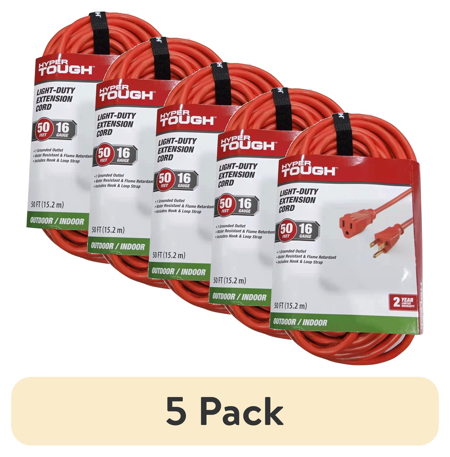 (5 pack) Hyper Tough 50FT 16AWG 3-Prong Orange Single Outlet Outdoor Extension Cord - 125V, 13A