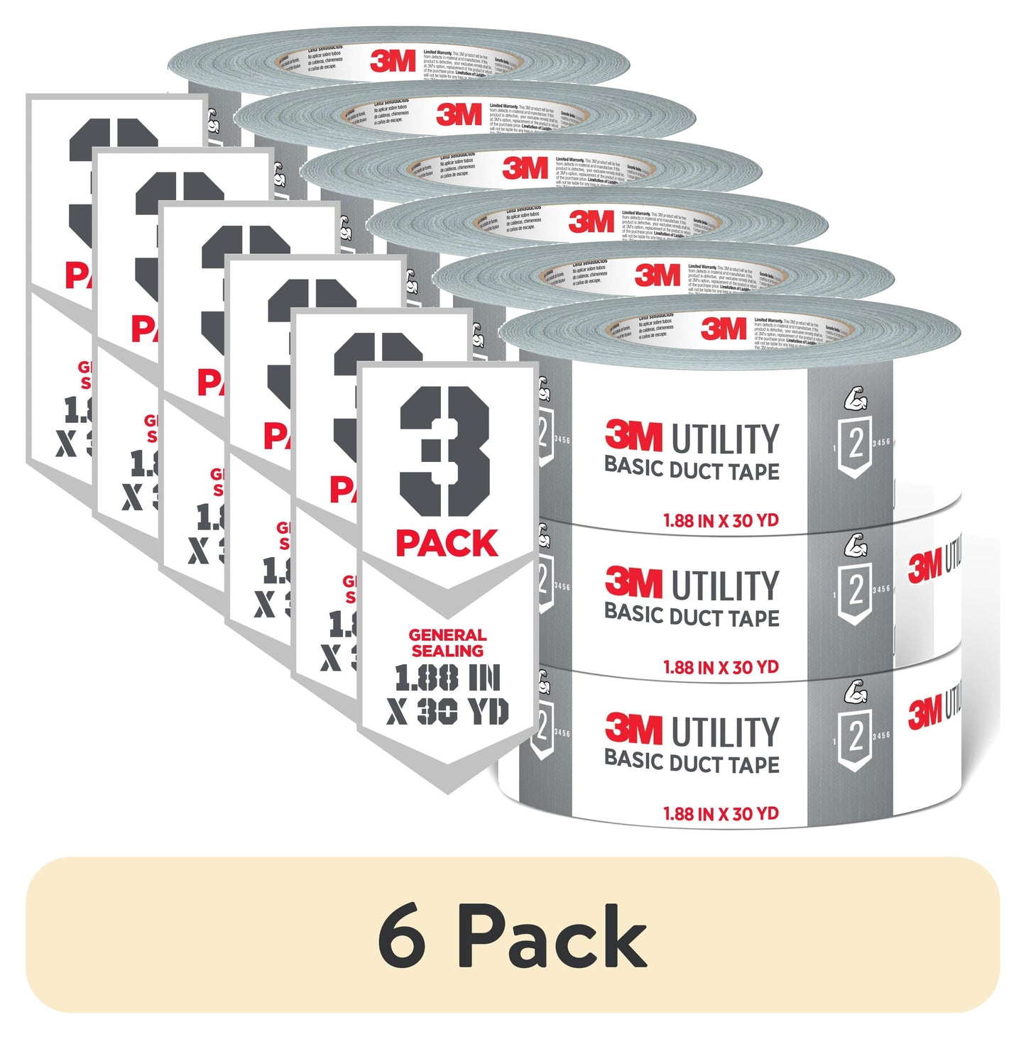 (6 pack) 3M Utility Duct Tape, Silver, Basic Use, 1.88 in. x 30 yd., 3 Pack