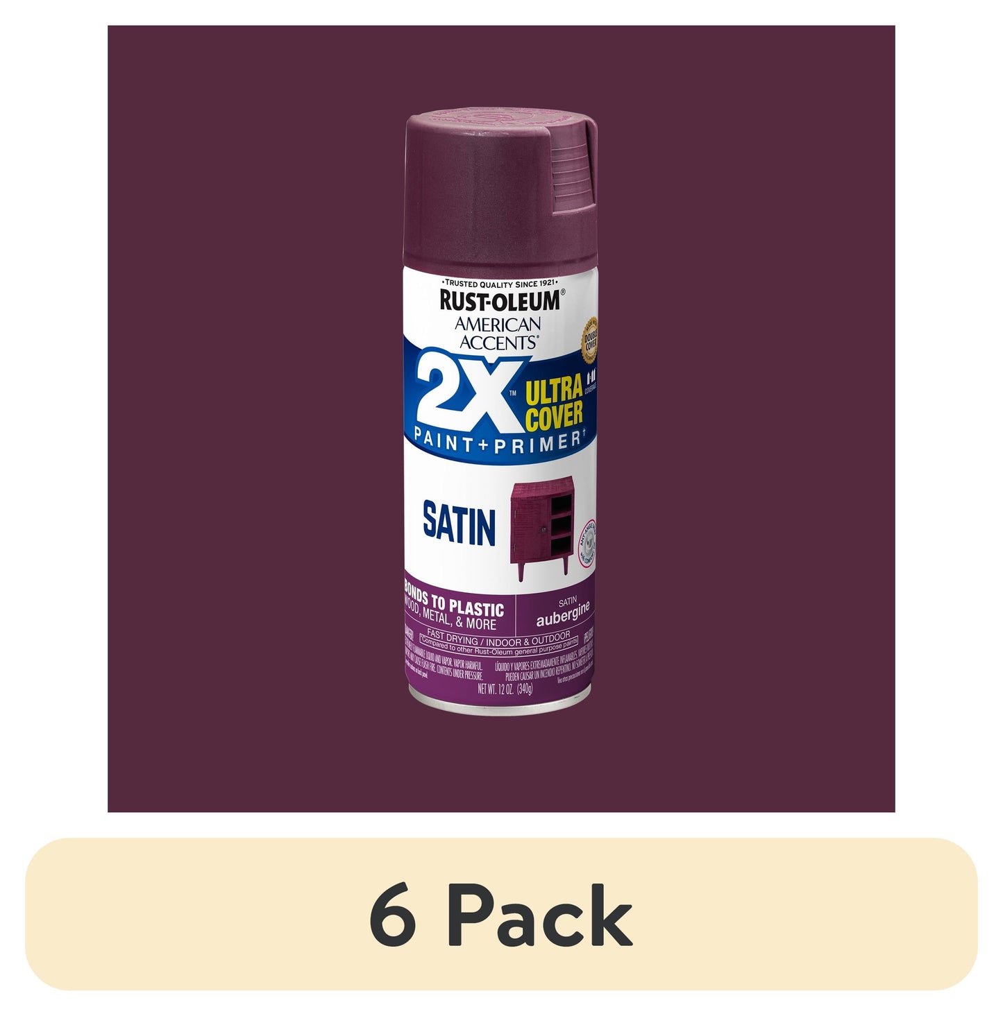 (6 pack) Aubergine, Rust-Oleum American Accents 2X Ultra Cover Satin Spray Paint-376184, 12 oz