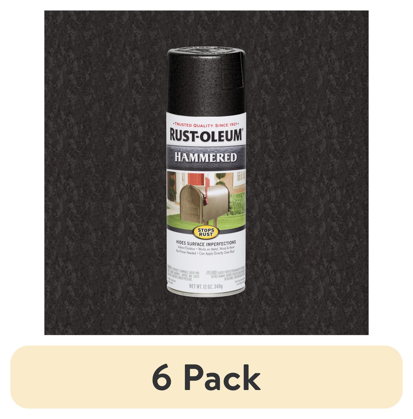 (6 pack) Black, Rust-Oleum Stops Rust Hammered Spray Paint-7215830, 12 oz