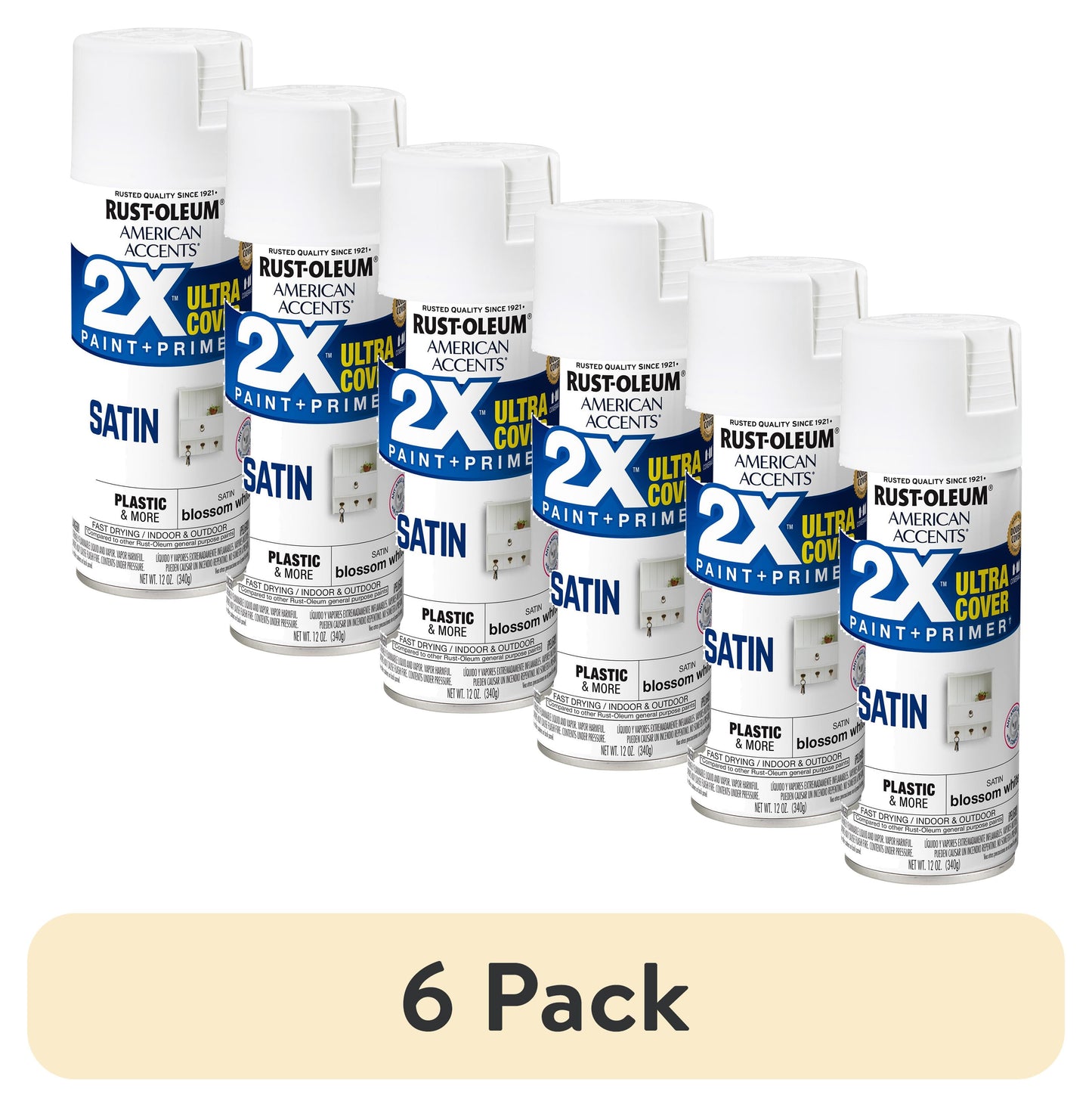(6 pack) Blossom White, Rust-Oleum American Accents 2X Ultra Cover Satin Spray Paint-327918, 12 oz
