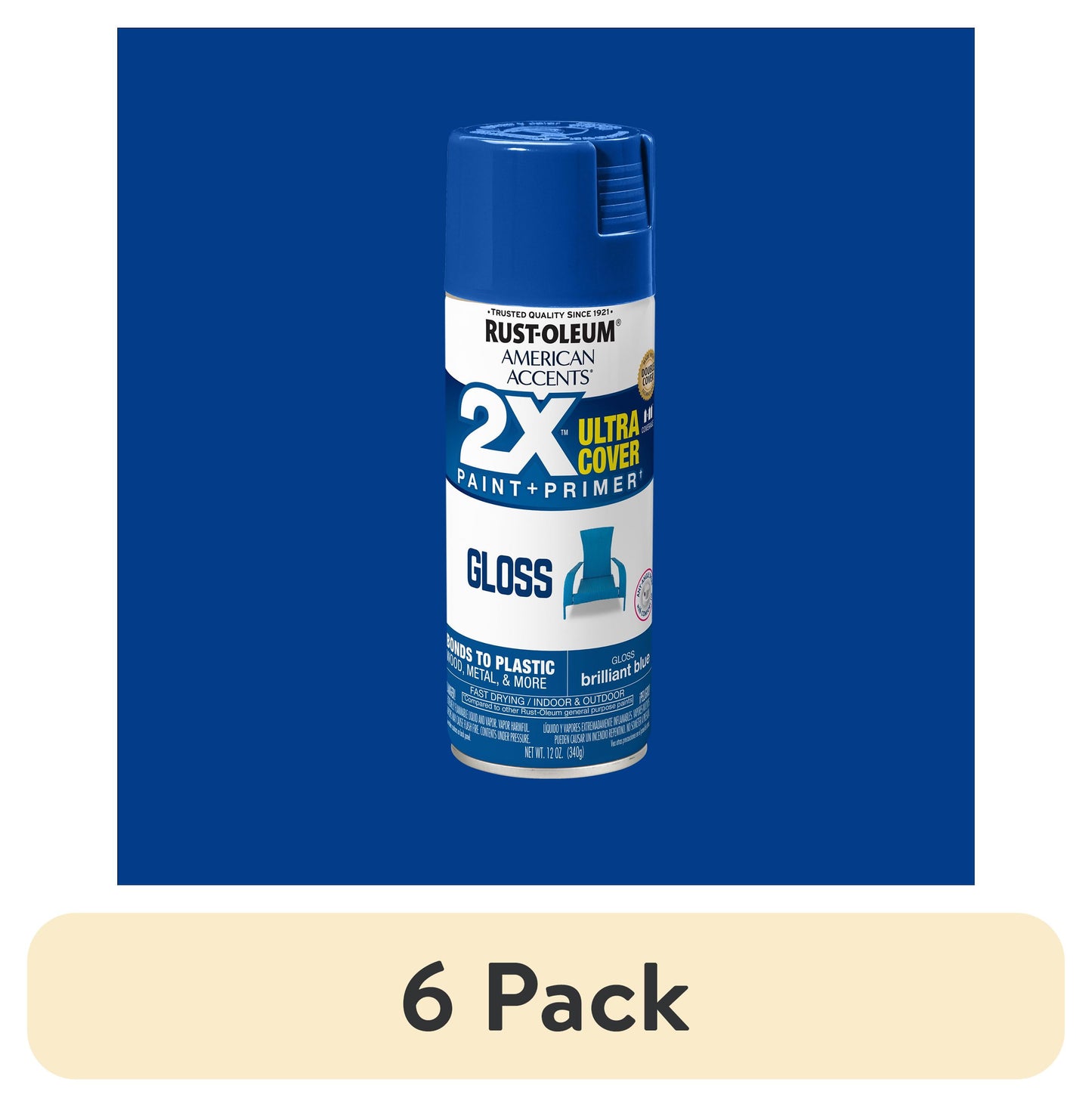 (6 pack) Azul Brillante, Rust-Oleum American Accents 2X Ultra Cover Pintura en Aerosol Brillante-327892, 12 oz