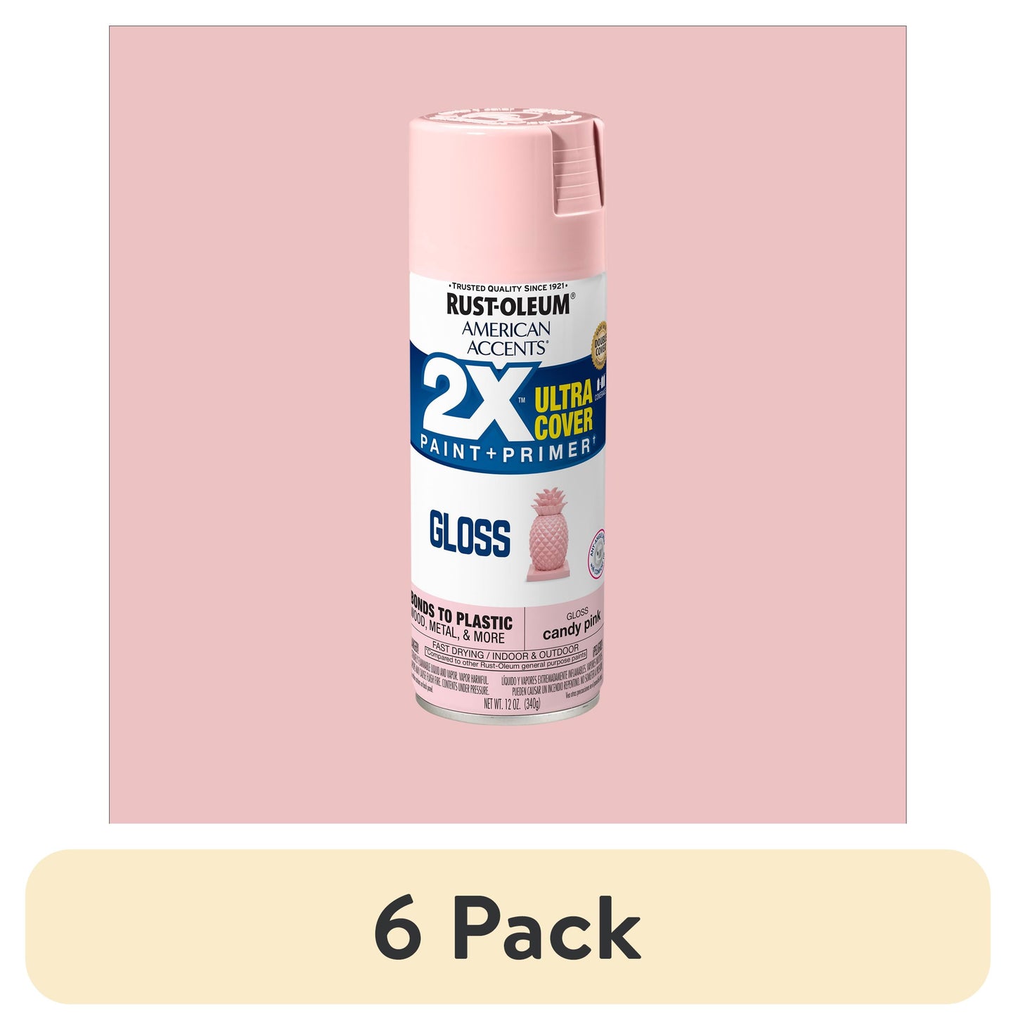 (6 pack) Candy Pink, Rust-Oleum American Accents 2X Ultra Cover Gloss Spray Paint-327885, 12 oz
