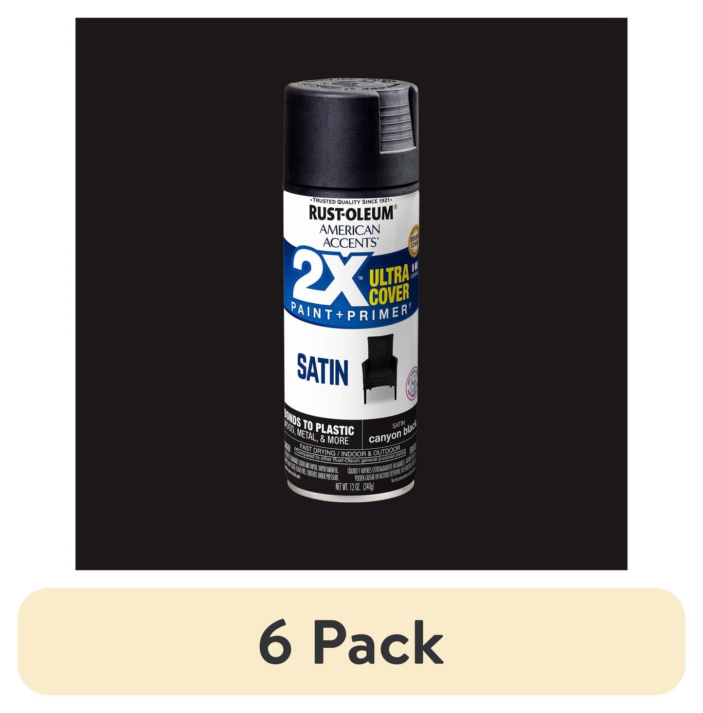 (6 pack) Canyon Black, Rust-Oleum American Accents 2X Ultra Cover Satin Spray Paint-327916, 12 oz