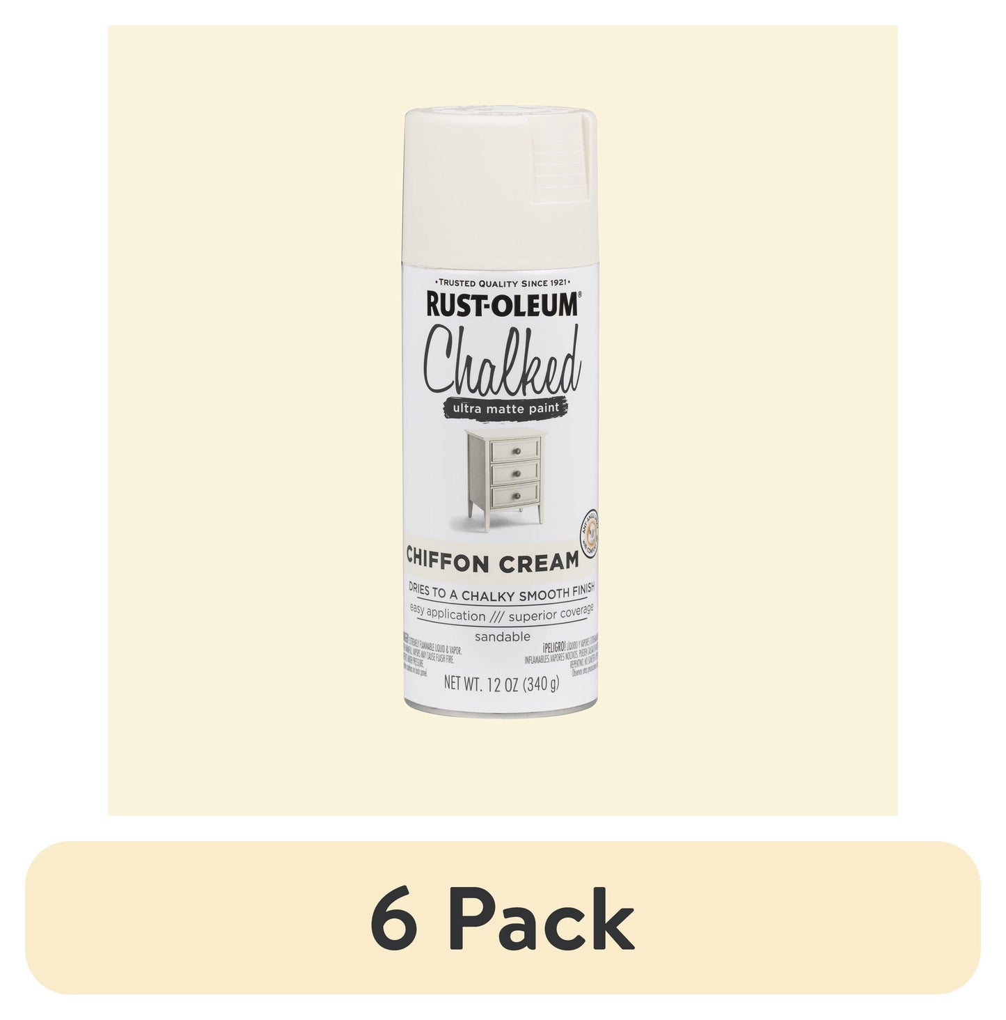 (6 pack) Chiffon Cream, Rust-Oleum Chalked Ultra Matte Spray Paint-302596, 12 oz