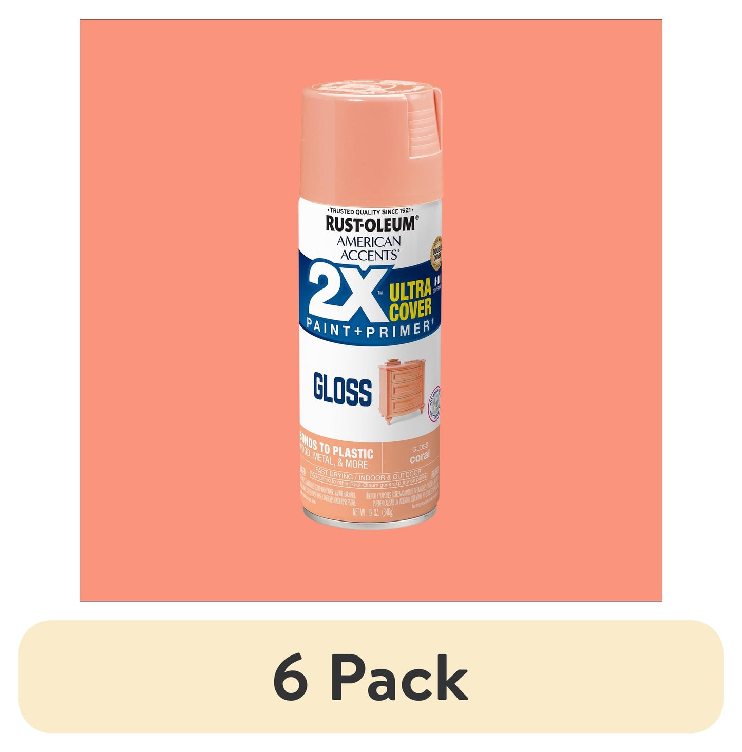 (6 pack) Coral, Rust-Oleum American Accents 2X Ultra Cover Gloss Spray Paint-327903, 12 oz