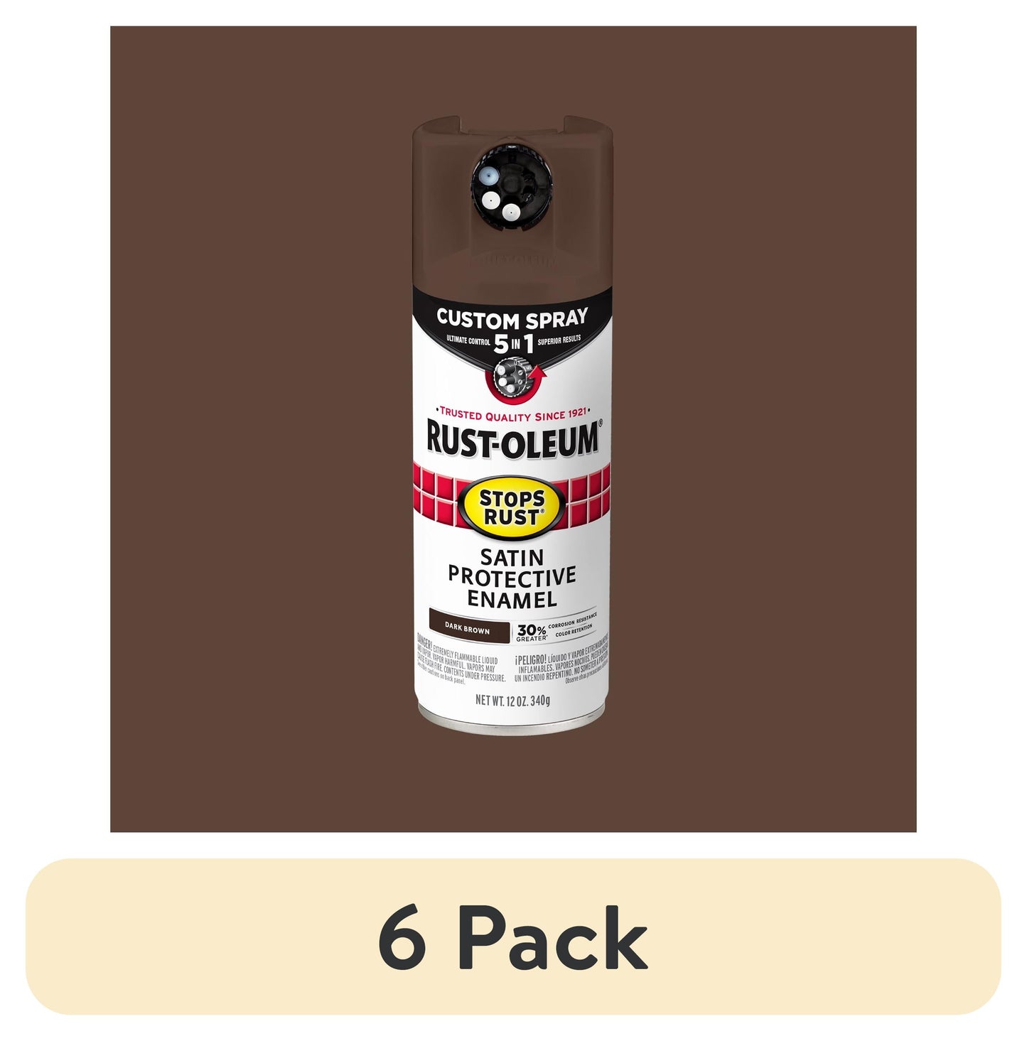 (6 pack) Dark Brown, Rust-Oleum Stops Rust Custom Sprays 5 in 1 Satin Spray Paint-376873, 12 oz