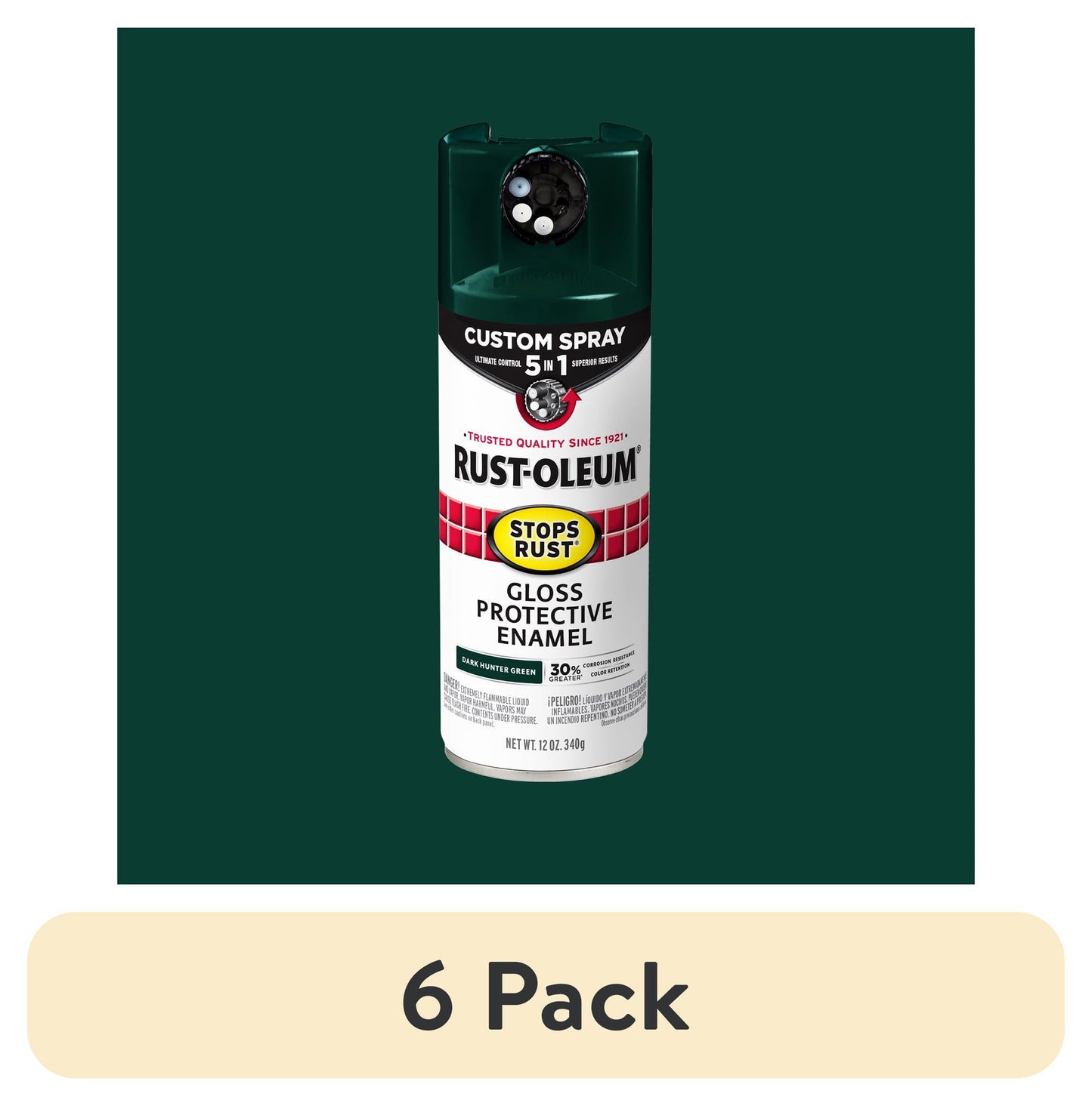 (6 pack) Dark Hunter Green, Rust-Oleum Stops Rust Custom Sprays 5 in 1 Gloss Spray Paint-376902, 12 oz