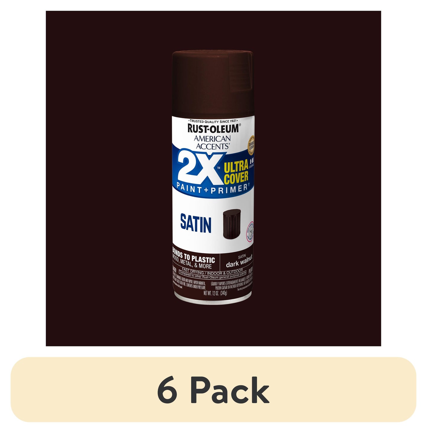 (6 pack) Dark Walnut, Rust-Oleum American Accents 2X Ultra Cover Satin Spray Paint-327941, 12 oz