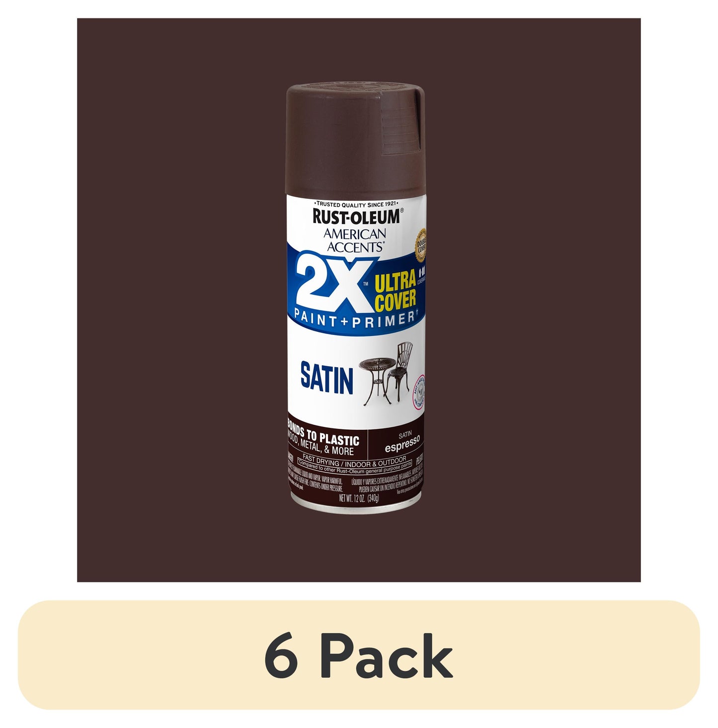 (6 pack) Espresso, Rust-Oleum American Accents 2X Ultra Cover Satin Spray Paint-327919, 12 oz