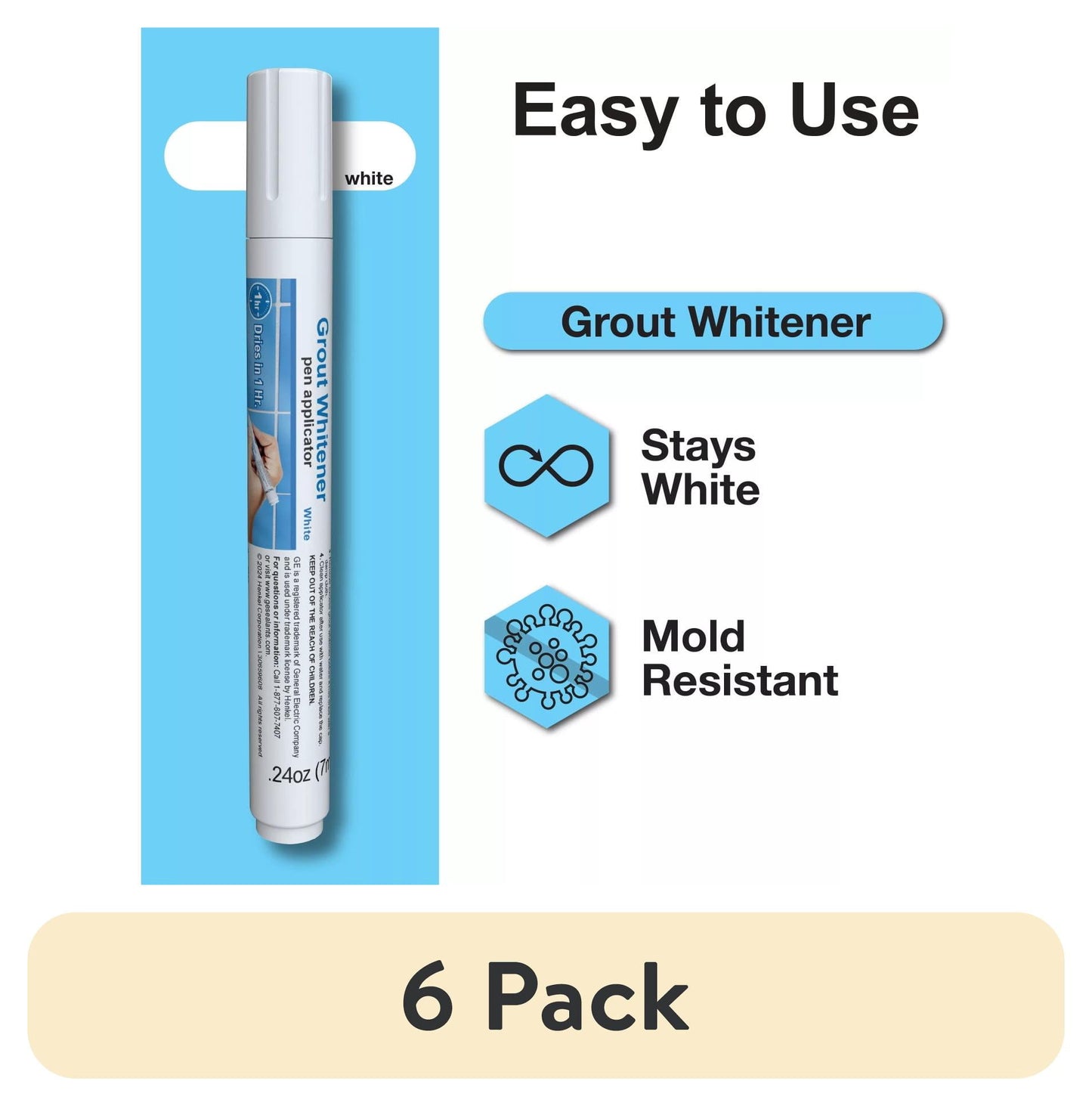(6 pack) GE Grout Whitener, Pack of 1, White 1 Pen