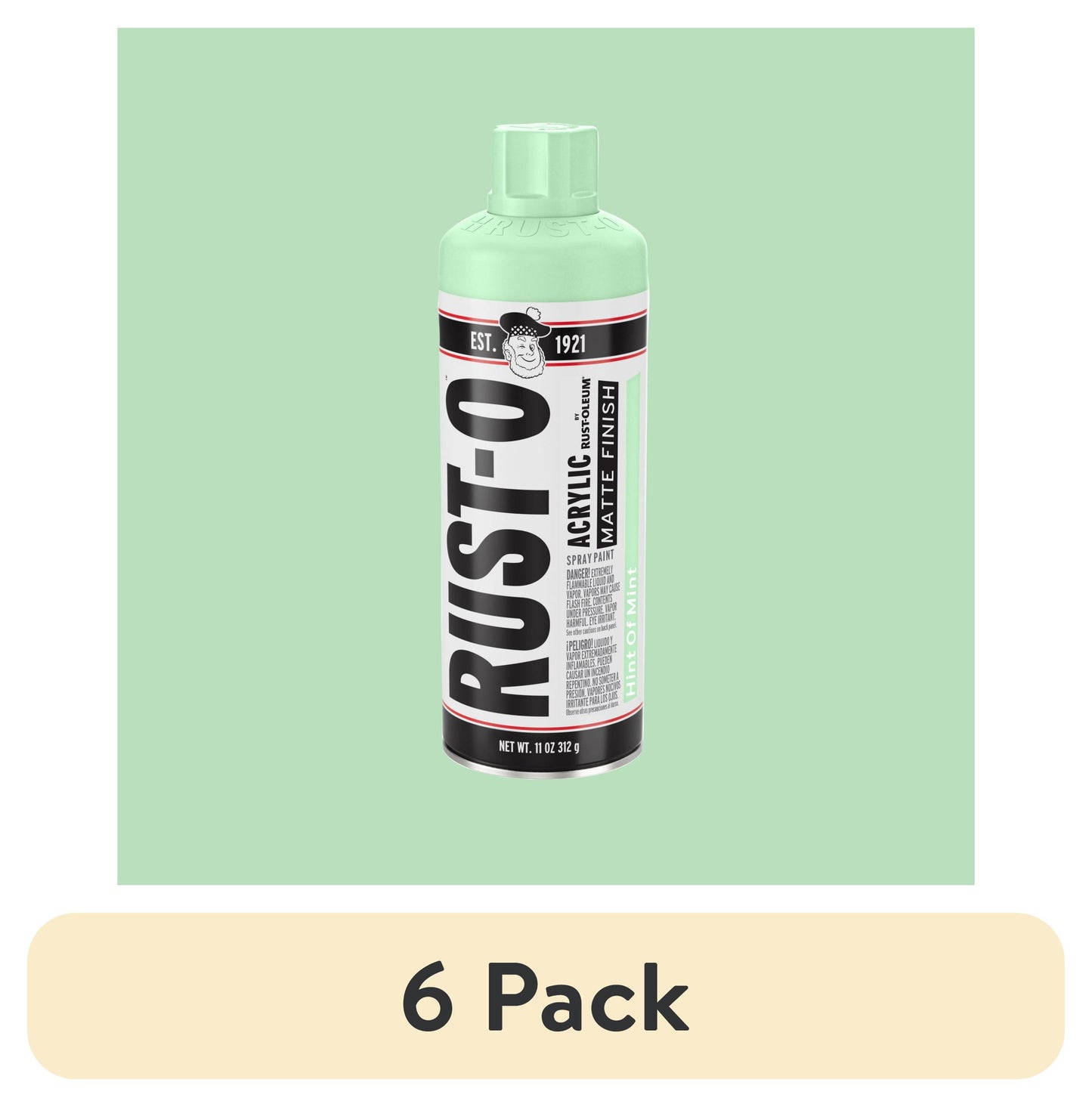 (6 pack) Hint of Mint, Rust-Oleum Rust-O Acrylic Matte Spray Paint-392205, 11 oz