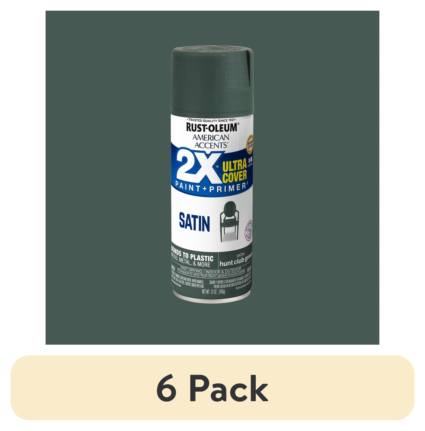 (6 pack) Verde Club de Caza, Rust-Oleum American Accents 2X Ultra Cover Pintura en Aerosol Satinada-354706, 12 oz