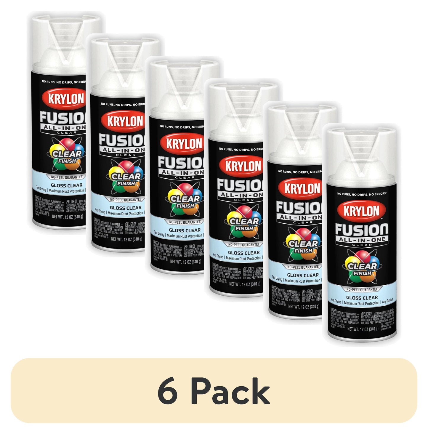 (6 pack) Krylon Fusion All-In-One Transparente, Brillo, Transparente, 12 oz