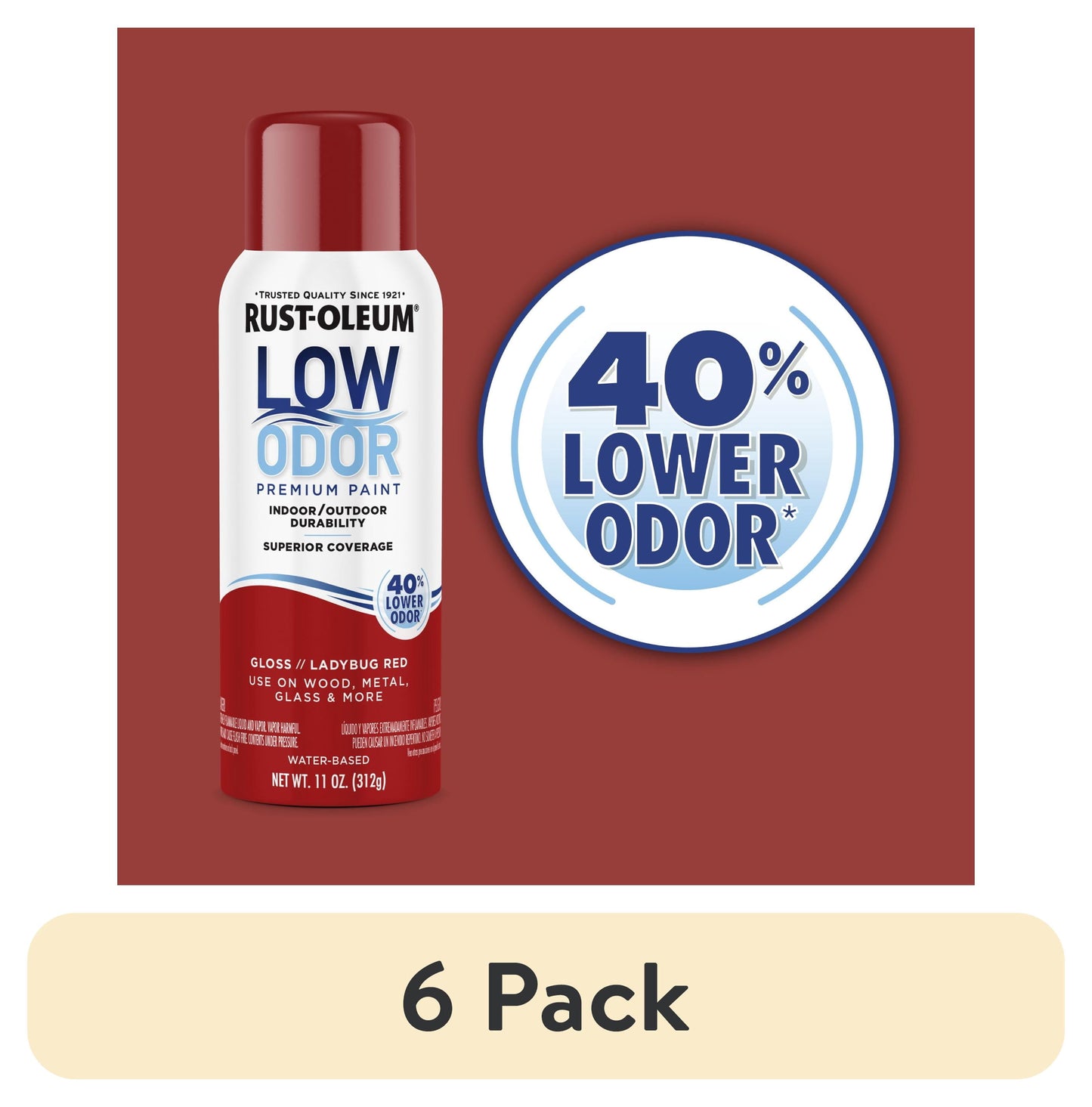 (6 pack) Ladybug Red, Rust-Oleum Low Odor Premium Gloss Spray Paint- 11 oz